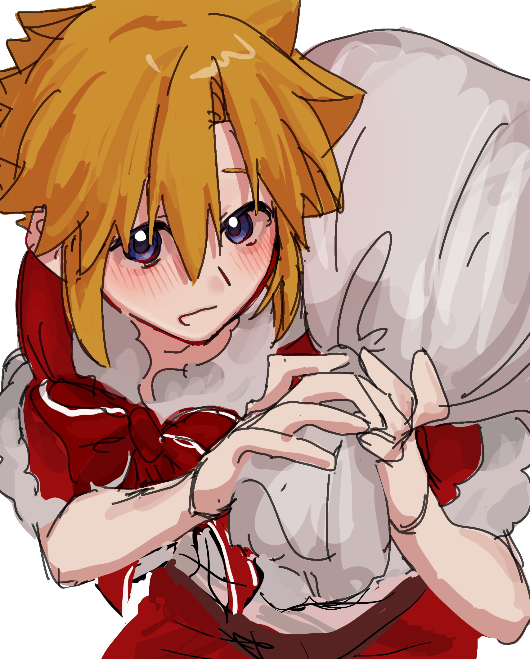 cloud strife, final fantasy, final fantasy vii, highres, 1boy, blonde hair, blue eyes, blush, bow, christmas, fur trim, holding, holding sack, looking at viewer, male focus, pants, red bow, red pants, sack, santa costume, shirt, short hair, sketch, spiked hair, standing, suisui 434, white shirt