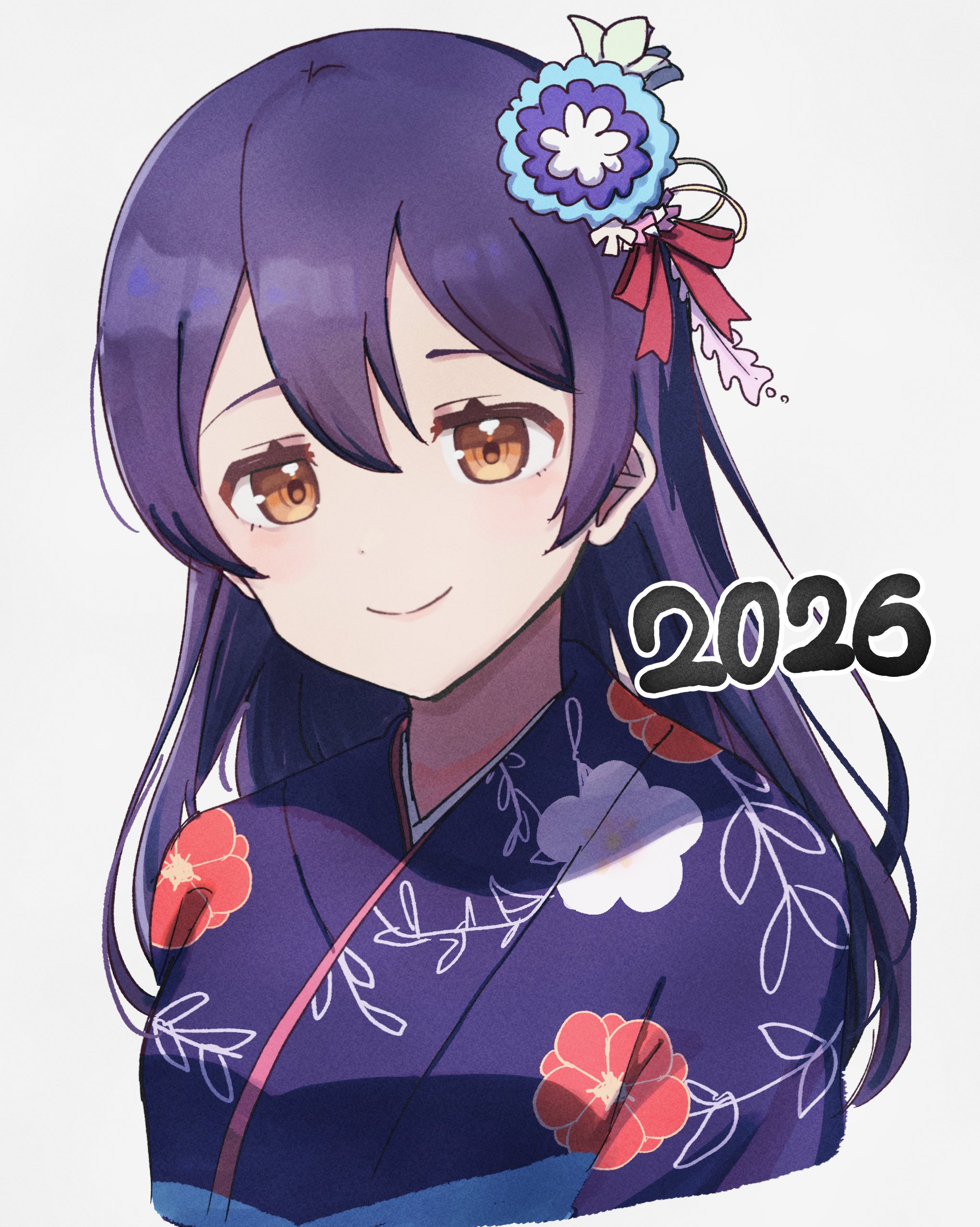 ozawasan0930, sonoda umi, love live!, love live! school idol project, absurdres, commentary request, highres, 1girl, 2026, blue hair, blue kimono, brown eyes, closed mouth, cropped torso, floral print, floral print kimono, hair ornament, japanese clothes, kimono, long hair, looking at viewer, print kimono, simple background, smile, solo, white background