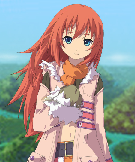 minayu, toona, rune factory, rune factory 3, 1girl, aqua eyes, belt, female focus, gloves, jacket, long hair, looking at viewer, midriff, navel, open clothes, open jacket, red hair, scarf, smile, solo