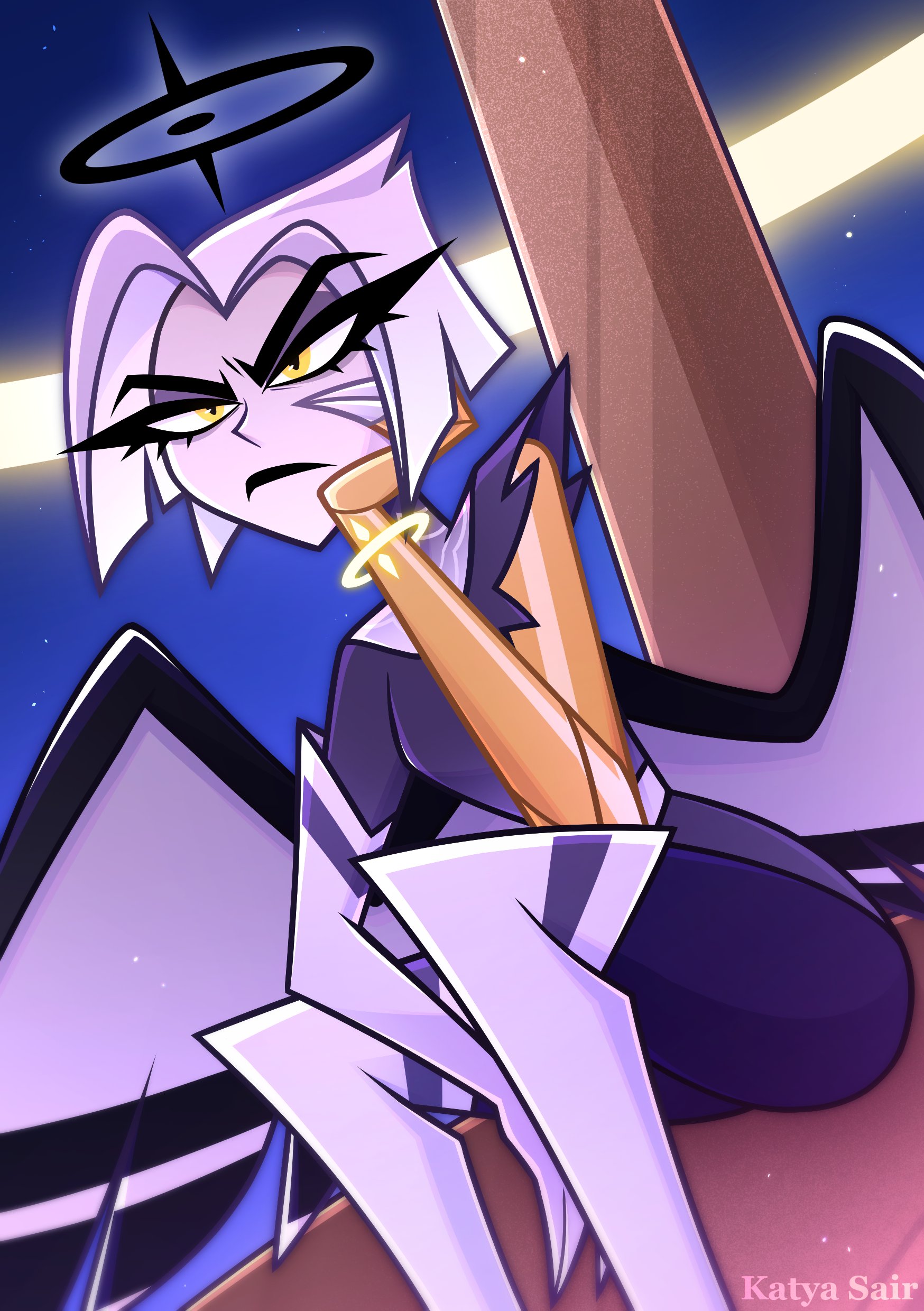 katya sair, lute (hazbin hotel), hazbin hotel, hellaverse, absurdres, commentary, english commentary, highres, 1girl, angel, artist name, boots, closed mouth, colored skin, facial mark, frown, halo, jewelry, night, outdoors, short hair, sitting, sky, solo, white hair, wings, yellow eyes