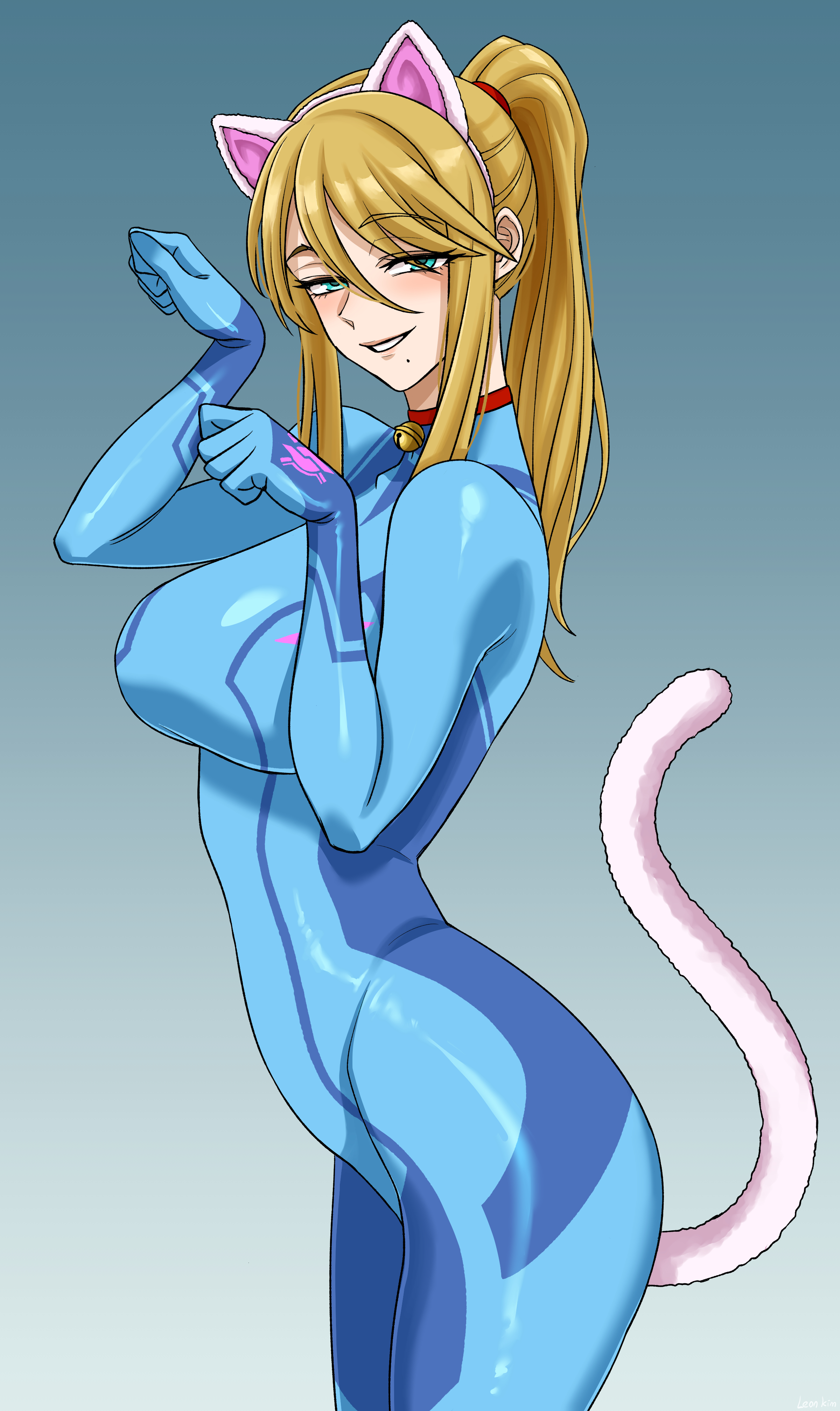 kimleon, samus aran, metroid, nintendo, absurdres, commentary request, highres, 1girl, anal beads, anal tail, animal ears, aqua eyes, bell, blonde hair, blue bodysuit, bodysuit, breasts, butt plug, cat ears, fake animal ears, fake tail, grin, jingle bell, large breasts, looking at viewer, mole, mole under mouth, neck bell, paw pose, ponytail, sidelocks, skin tight, smile, solo, tail, zero suit