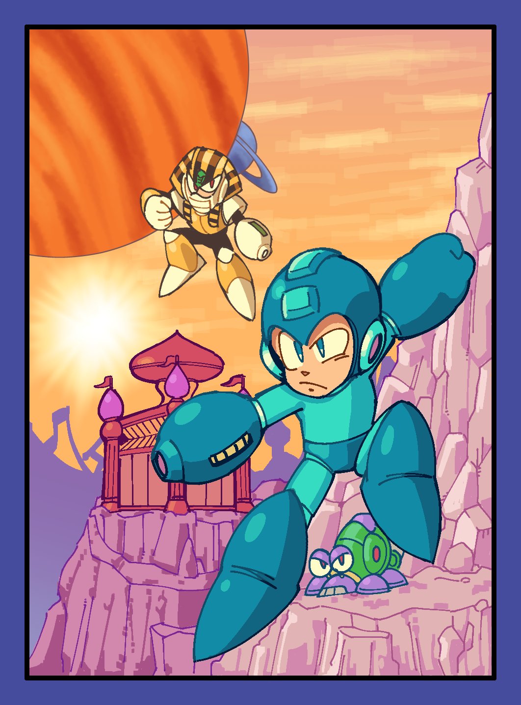 caliginousarts, mega man (character), pharaoh man, mega man (classic), mega man (series), mega man 4, commentary, derivative work, english commentary, highres, video game cover redraw, 2boys, arm cannon, armor, blue bodysuit, blue boots, blue eyes, blue gloves, blue helmet, bodysuit, boots, escaroo, frown, full body, gloves, helmet, looking at viewer, male focus, mask, mouth mask, multiple boys, nemes, non-humanoid robot, outdoors, planet, planetary ring, robot, solo focus, weapon, yellow armor