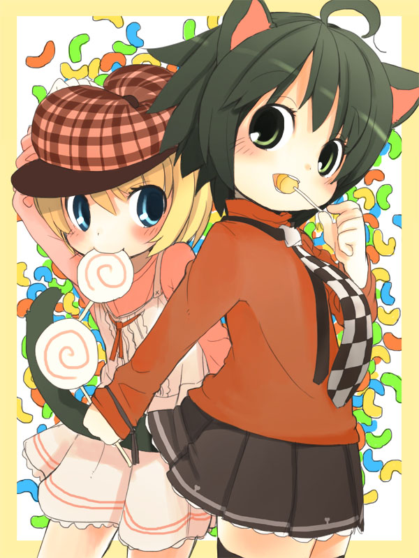 fuyuno mikan, 2girls, animal ears, black hair, blonde hair, blue eyes, blush, candy, food, green eyes, hat, jelly bean, lollipop, multiple girls, short hair, swirl lollipop, tail, thighhighs