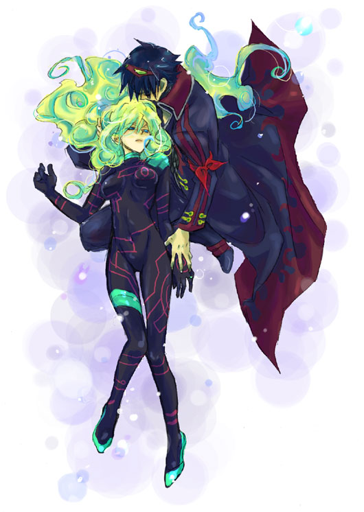 akutsu (yuumi), antispiral nia, nia teppelin, simon (ttgl), tengen toppa gurren lagann, 00s, 1boy, 1girl, blue hair, bodysuit, couple, from above, hetero, holding hands, long hair, lying, multicolored hair, neon trim, skin tight, very long hair