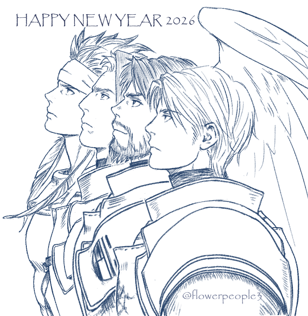 windcaller, canopus wolph, guildus winzalf burn, lans hamilton, mildain walhorn, tactics ogre, commentary request, 4boys, armor, artist name, beard, facial hair, feathered wings, greyscale, happy new year, headband, monochrome, multiple boys, new year, profile, short hair, upper body, wings
