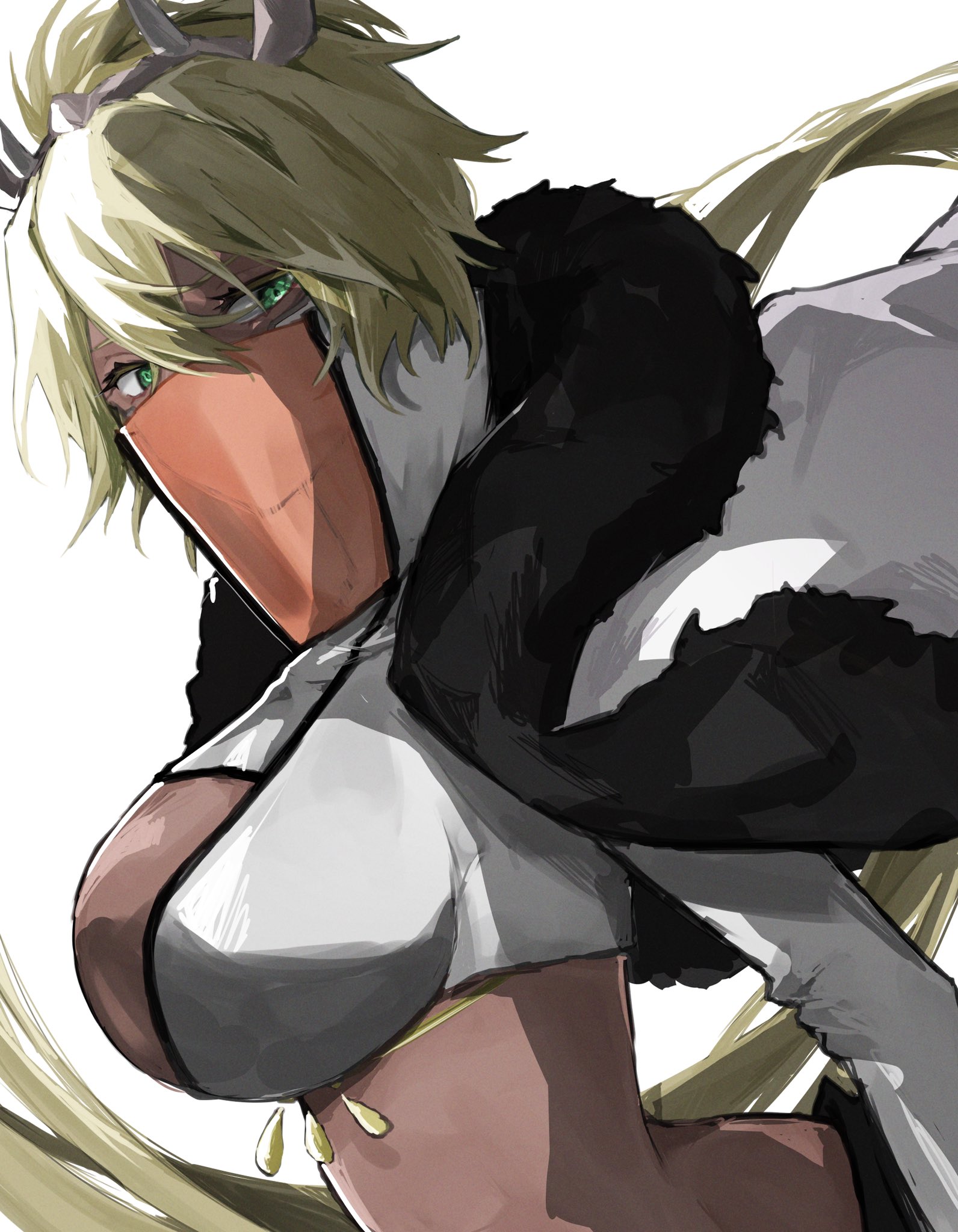 ui 1231, tier harribel, bleach, bleach: jigoku-hen, 2022, blonde hair, breasts, cape, cleavage, cleavage cutout, clothing cutout, colored eyelashes, espada, fur trim, green eyes, hair ornament, large breasts, official alternate costume, simple background, white background