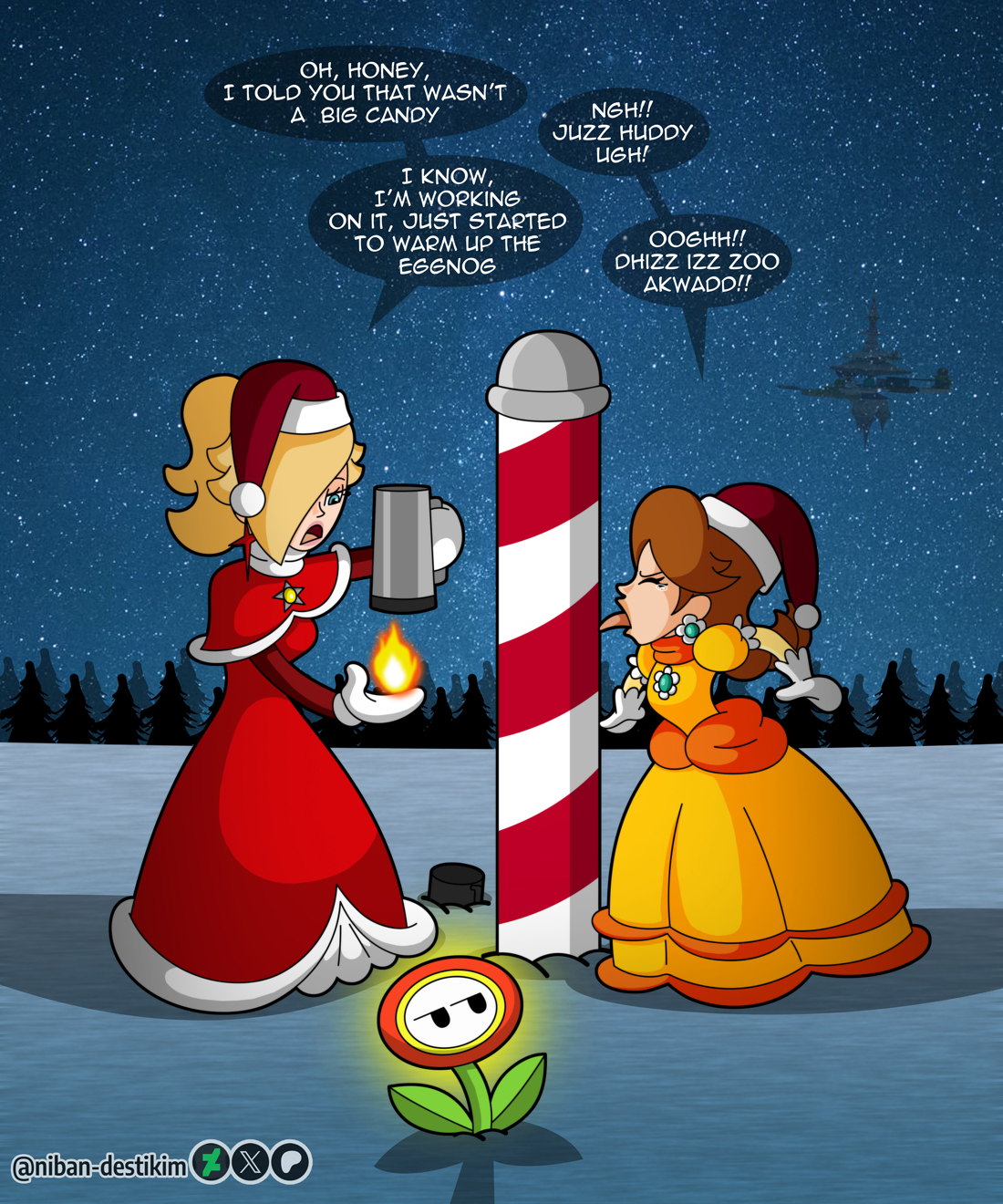 fire rosalina, princess daisy, rosalina, mario (series), nintendo, highres, 2girls, annoyed, blonde hair, blue eyes, brown hair, candy, candy cane, christmas tree, dress, earrings, fire, fire flower, flower earrings, food, full body, hair over one eye, hat, jewelry, multiple girls, night, night sky, orange dress, puffy short sleeves, puffy sleeves, santa hat, short sleeves, sky, snow, speech bubble, stuck, tomboy, tongue, tongue out, top hat, witch