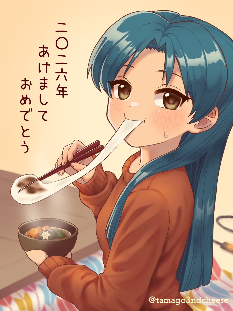 kisaragi chihaya, idolmaster, idolmaster (classic), commentary request, highres, translation request, 1girl, artist name, blue hair, blush, bowl, brown eyes, brown sweater, chopsticks, eating, food, holding, holding bowl, holding chopsticks, long hair, long sleeves, looking at viewer, looking back, okazuhamburg, solo, sweatdrop, sweater, twitter username, upper body
