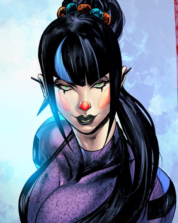 punchline (dc), batman (series), dc comics, 1girl, alwayspressy, black lips, ear piercing, eyeshadow, green eyes, hair ornament, makeup, multicolored hair, piercing, purple shirt, shirt, smile, solo, two-tone hair