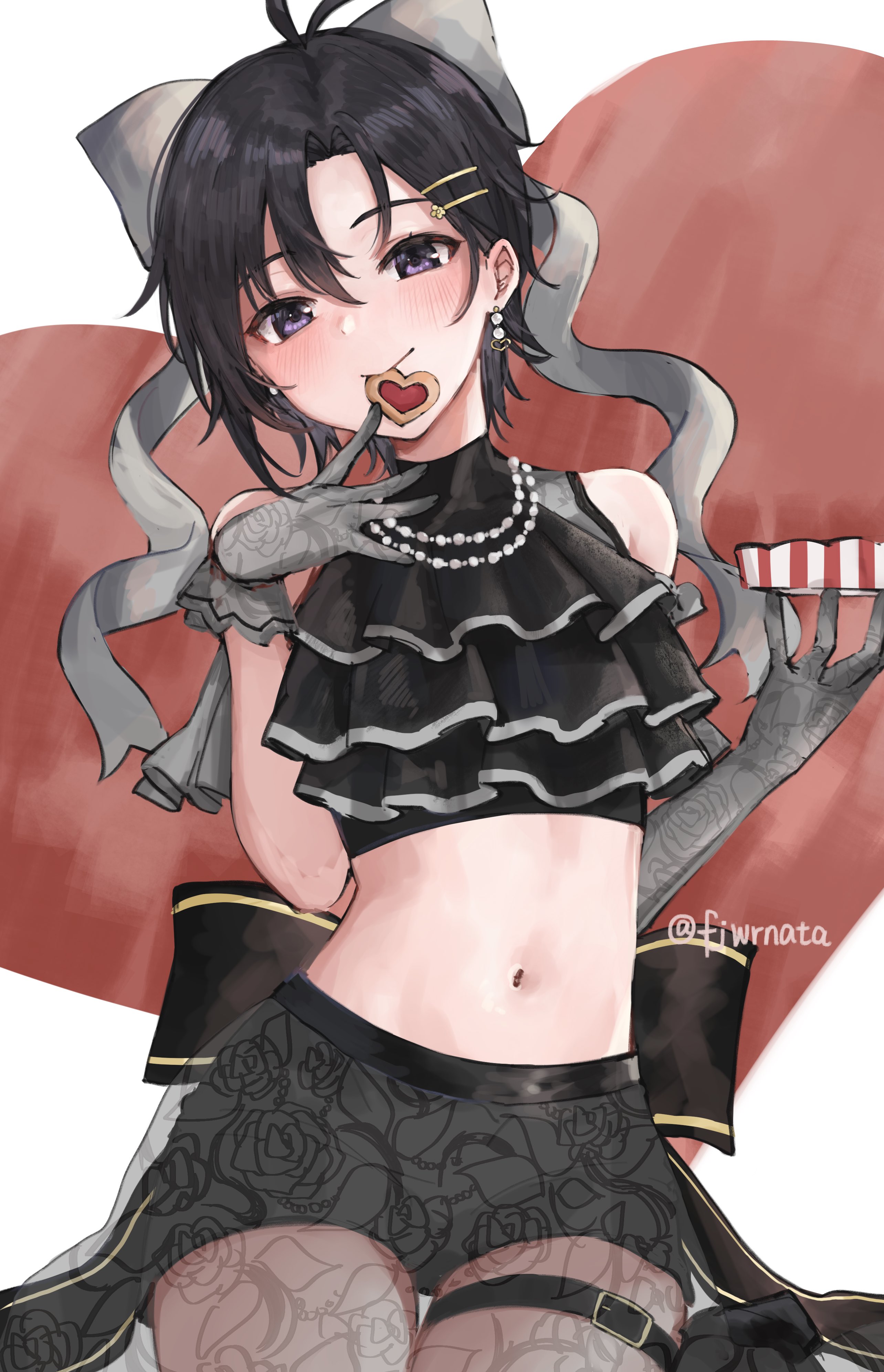 aburi-gatana, kikuchi makoto, idolmaster, idolmaster (classic), idolmaster million live!, idolmaster million live! theater days, absurdres, highres, 1girl, antenna hair, belt, black hair, black shirt, closed mouth, cookie, cowboy shot, crop top, earrings, food, frilled shirt, frills, gloves, grey gloves, hair ornament, hairclip, heart, heart-shaped cookie, heart-shaped food, jewelry, lace, lace gloves, looking at viewer, midriff, mouth hold, navel, necklace, pearl necklace, purple eyes, shirt, short hair, sitting, sleeveless, sleeveless shirt, solo, thigh belt, thigh strap