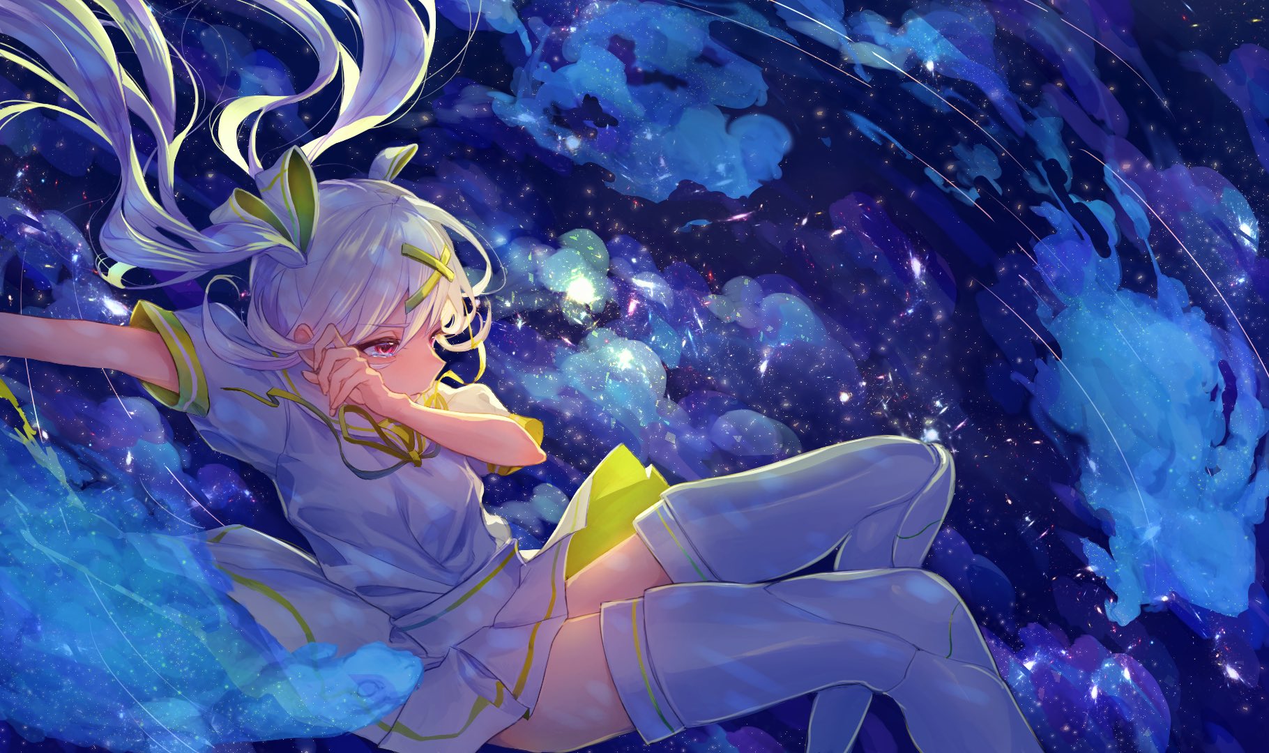 okubatomaeba, character request, commentary request, copyright request, highres, 1girl, blue sky, closed mouth, cloud, dress, floating hair, from side, grey dress, grey hair, grey thighhighs, hair ornament, hand up, long hair, night, outdoors, pink eyes, shaped cloud, short dress, short sleeves, sky, solo, star (sky), starry sky, tearing up, thighhighs, twintails, x hair ornament