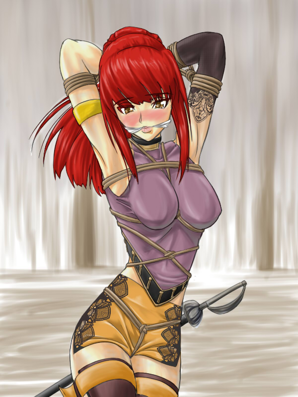 tat (pixiv526742), karin koenig, shadow hearts, shadow hearts ii, 1girl, armpits, arms up, bdsm, blush, bondage, bound, breasts, brown eyes, choker, elbow gloves, female focus, gloves, long hair, miniskirt, ponytail, red hair, skirt, solo, sword, tears, thighhighs, weapon, zettai ryouiki