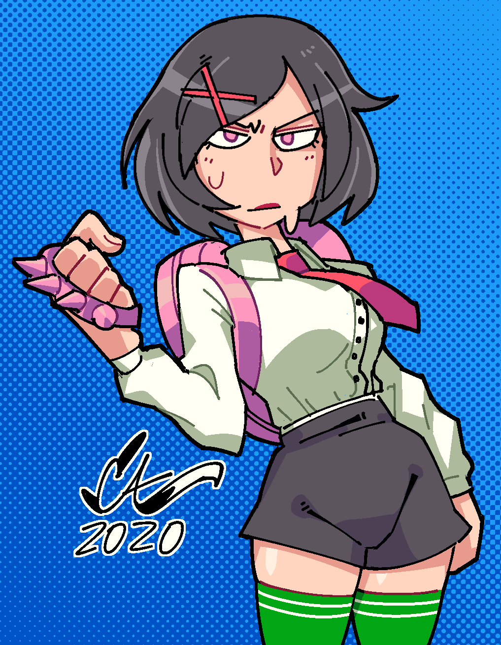 caliginousarts, misako (kunio-kun), kunio-kun series, river city girls, commentary, highres, 1girl, 2020, backpack, bag, black hair, black shorts, blue background, brass knuckles, collared shirt, cowboy shot, delinquent, frown, full body, green thighhighs, hair ornament, hairclip, half-closed eyes, heart-shaped bag, high-waist shorts, long sleeves, looking at viewer, necktie, pink bag, pink eyes, red necktie, school uniform, shirt, shirt tucked in, short hair, short shorts, shorts, solo, spiked knuckles, sweat, thighhighs, weapon, white shirt