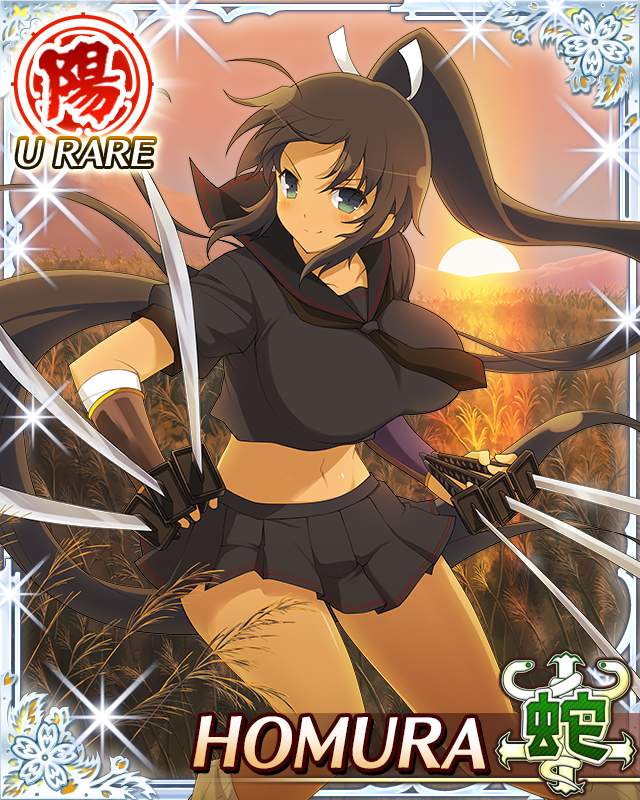 homura (senran kagura), senran kagura, senran kagura new wave, game cg, official art, third-party source, 1girl, ahoge, aqua eyes, arm guards, between fingers, black hair, black necktie, black sailor collar, black shirt, black skirt, border, breasts, card (medium), character name, closed mouth, cropped shirt, dark-skinned female, dark skin, hair tie, hebijo academy school uniform, high ponytail, holding, holding sword, holding weapon, katana, large breasts, long hair, midriff, multiple weapons, multiple wielding, navel, necktie, pleated skirt, ponytail, sailor collar, school uniform, shirt, skirt, smile, solo, sunset, sword, tan, very long hair, weapon, wheat field