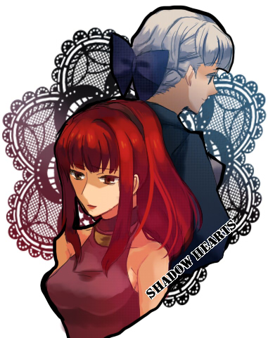 ao-machi, alice elliot, karin koenig, shadow hearts, shadow hearts ii, lowres, 2girls, bare shoulders, blue ribbon, brown eyes, female focus, long hair, multiple girls, ponytail, red hair, ribbon, short hair, white hair