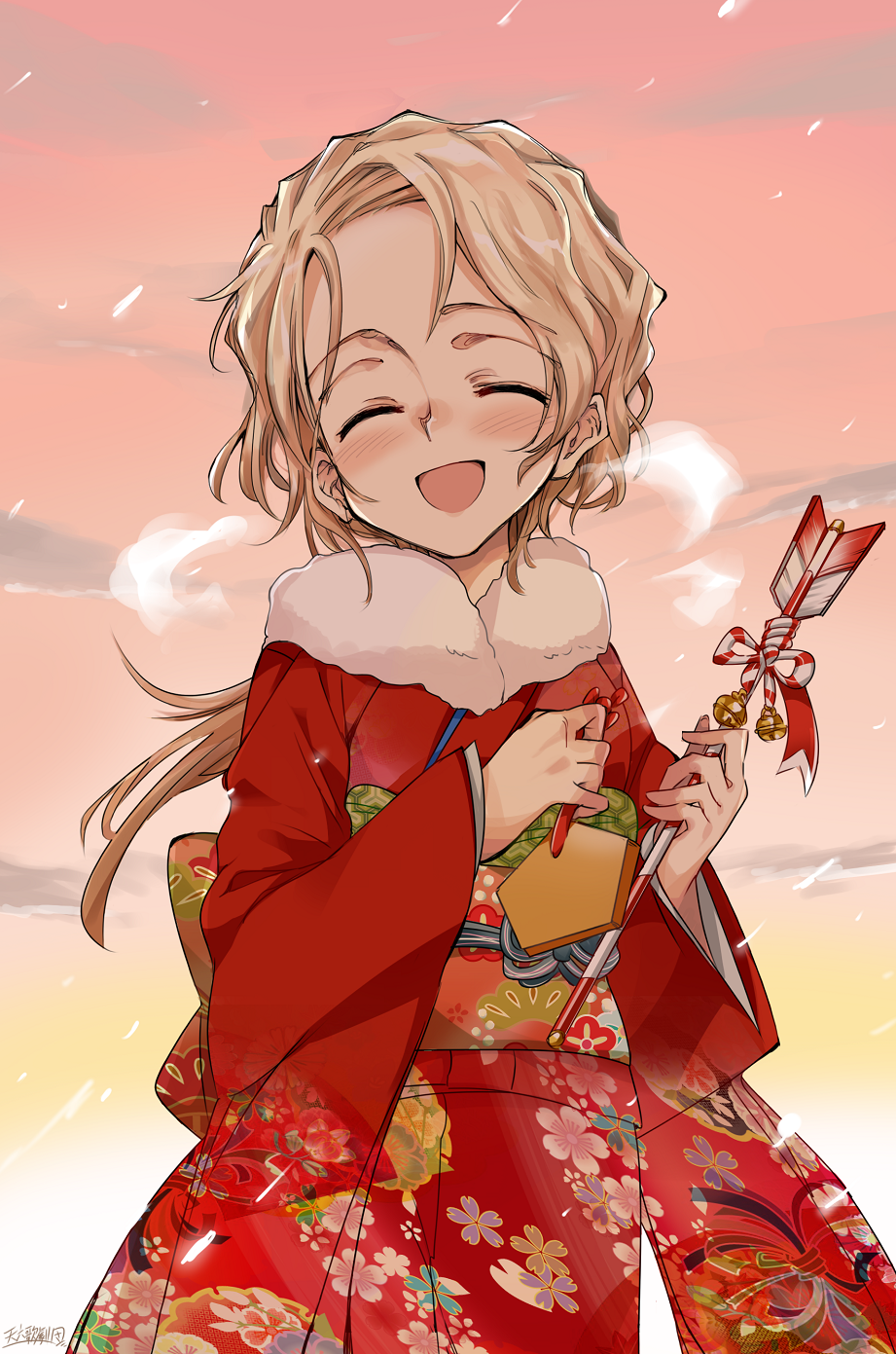 kugimiya atsuki, tanya lipinski, kita e, commentary request, highres, 1girl, :d, ^ ^, arrow (projectile), blonde hair, blush, closed eyes, cloud, floral print, floral print kimono, fur-trimmed kimono, fur trim, japanese clothes, kimono, long hair, long sleeves, obi, open mouth, pink sky, ponytail, print kimono, red kimono, sash, sky, smile, solo