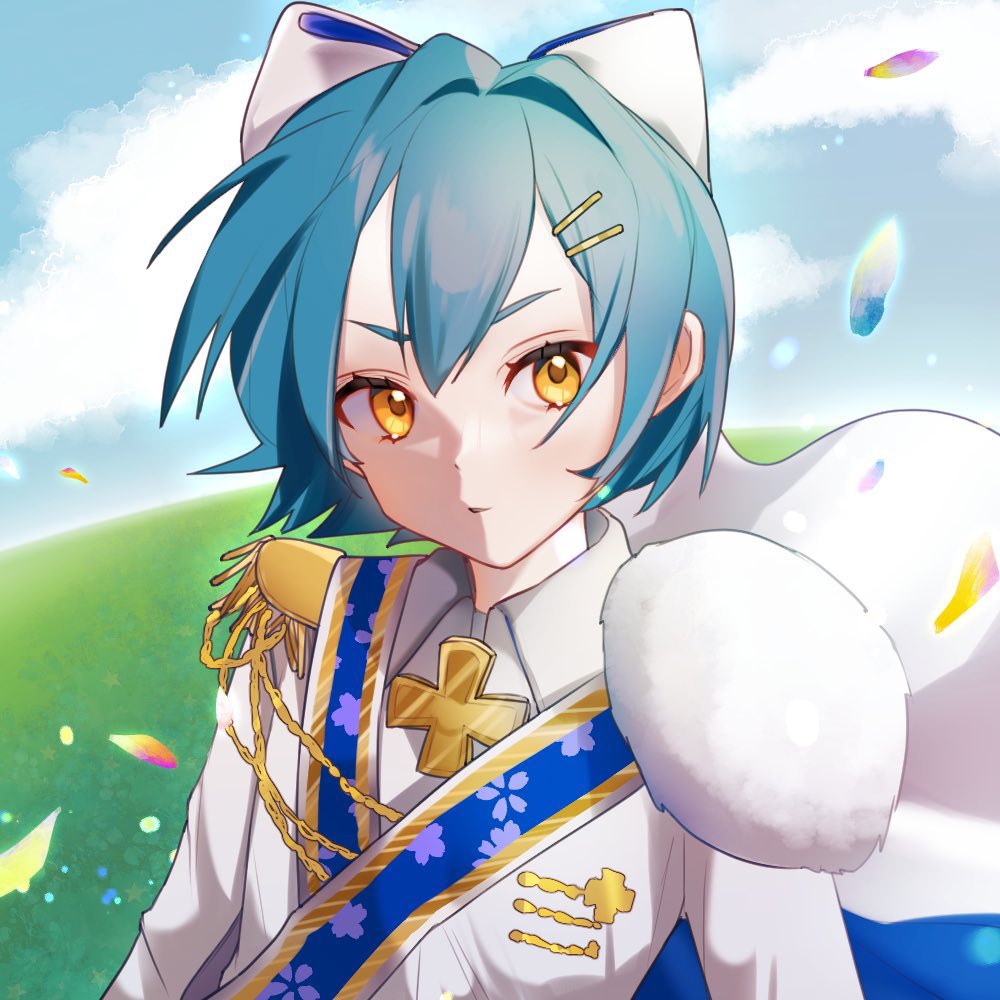 okubatomaeba, character request, commentary request, copyright request, 1girl, blue hair, blue sash, blue sky, closed mouth, cloud, day, double-parted bangs, epaulettes, hair ornament, hairclip, jacket, looking at viewer, outdoors, parallel hairclips, sash, shards, short hair, single epaulette, sky, solo, upper body, white jacket, yellow eyes