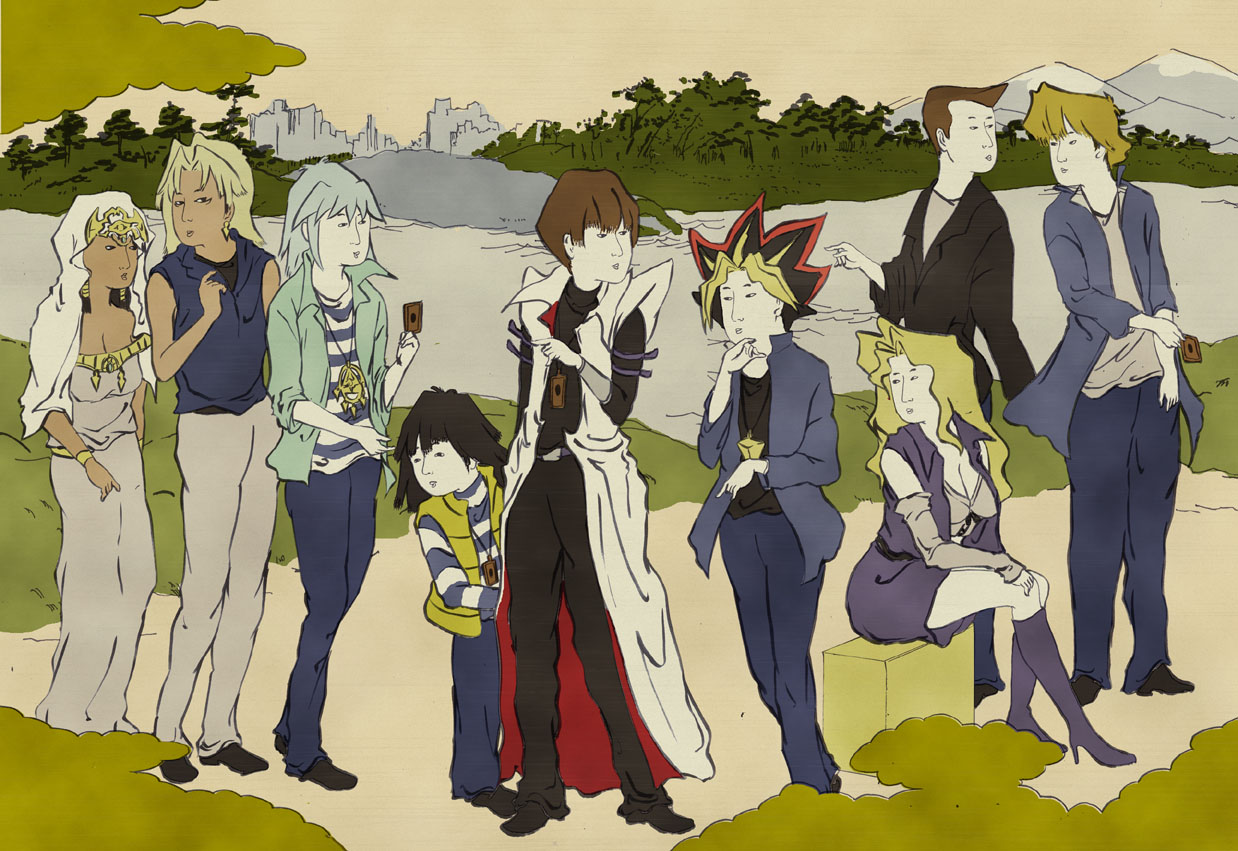 ukako, bakura ryou, honda hiroto, jonouchi katsuya, kaiba mokuba, kaiba seto, kujaku mai, marik ishtar, muto yugi, yami yugi, yu-gi-oh!, yu-gi-oh! duel monsters, 2girls, 6+boys, colored bangs, fine art parody, high heels, millennium puzzle, multiple boys, multiple girls, nihonga, parody, shoes, ukiyo-e