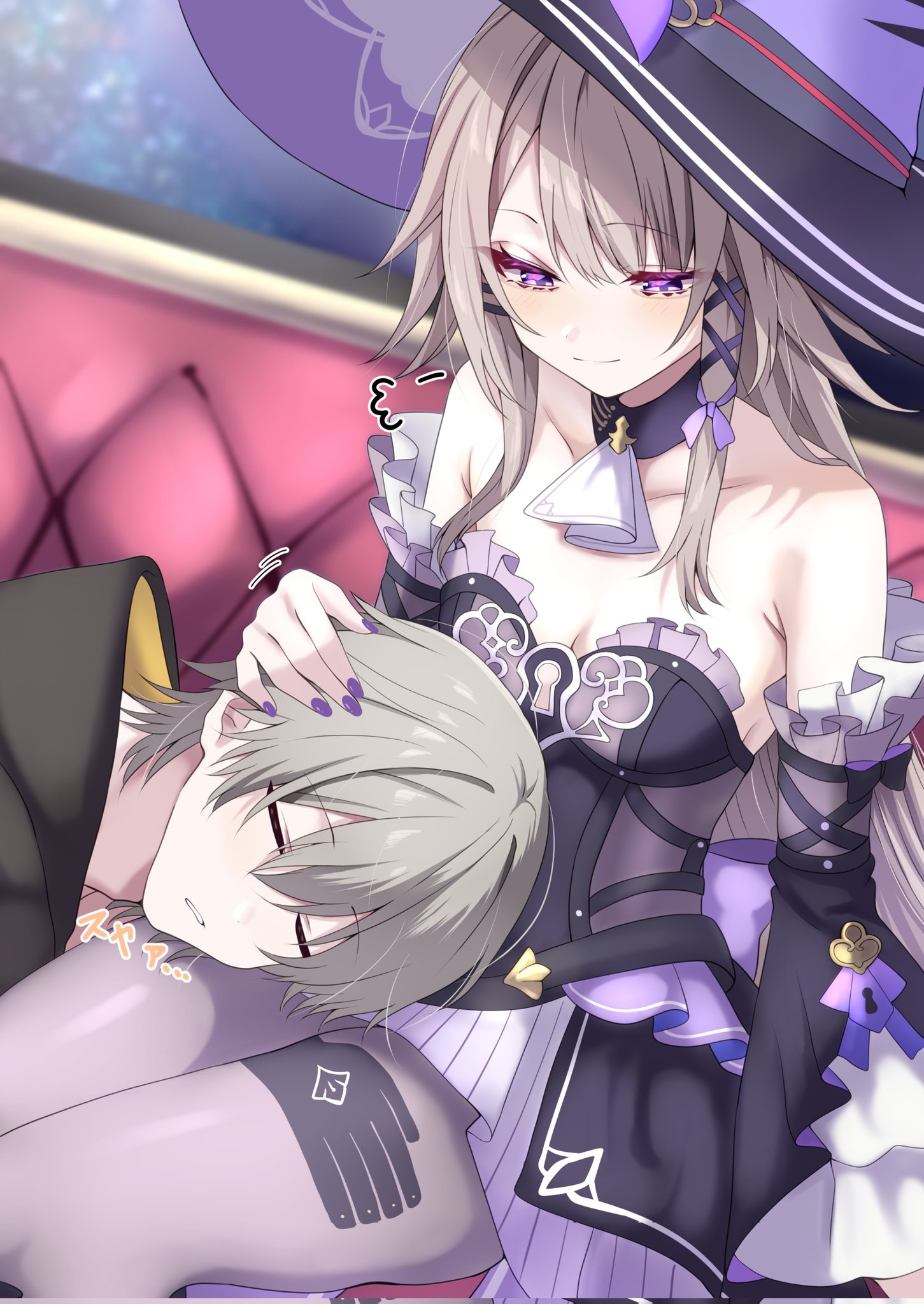 tonomiya68, caelus (honkai: star rail), herta (honkai: star rail), the herta (honkai: star rail), trailblazer (honkai: star rail), honkai: star rail, honkai (series), commentary request, highres, 1boy, 1girl, bare shoulders, blush, dress, frilled dress, frills, lap pillow, sigh, sleeping