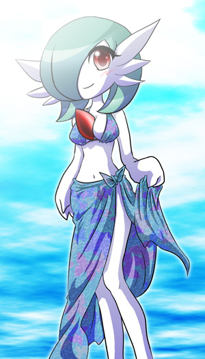 shiratsuki (royal moon), gardevoir, nintendo, pokemon, costume, bikini, blush, clothed pokemon, clothes lift, gen 3 pokemon, pokemon (creature), sarong, sarong lift, side slit, solo, swimsuit