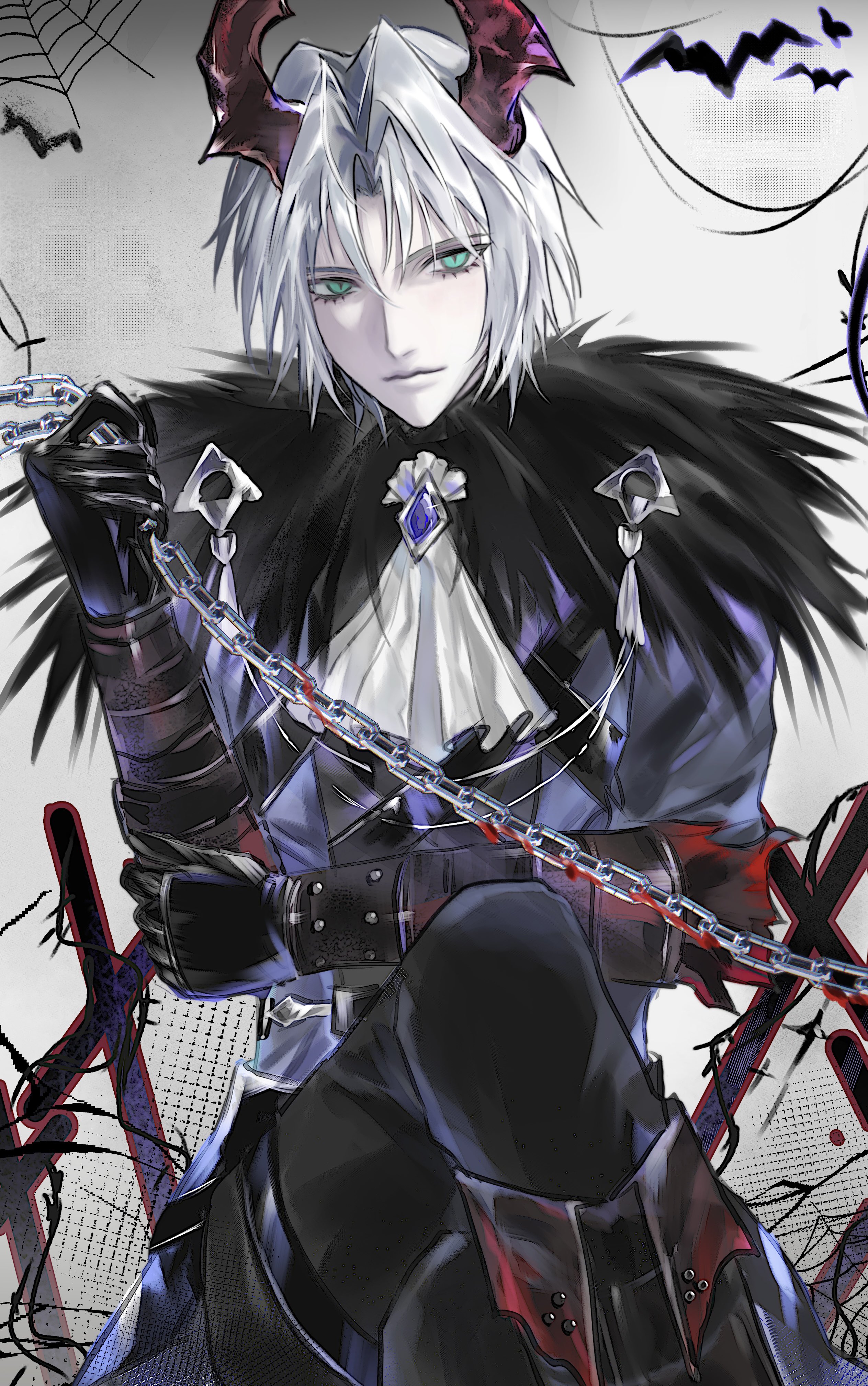 3 3lecho, sephiroth, sephiroth (dark harbinger), sephiroth (ever crisis), final fantasy, final fantasy vii, final fantasy vii: ever crisis, absurdres, commentary, highres, symbol-only commentary, 1boy, arm across waist, ascot, bat (animal), black boots, black feathers, black gloves, black pants, boots, chain, crossed legs, feathers, gem, gloves, green eyes, grey hair, halloween, hand up, holding, holding chain, horns, implied yaoi, jacket, knee boots, light smile, looking at viewer, male focus, official alternate costume, pants, parted bangs, purple gem, purple jacket, red horns, short hair, sitting, slit pupils, solo, upper body, white ascot