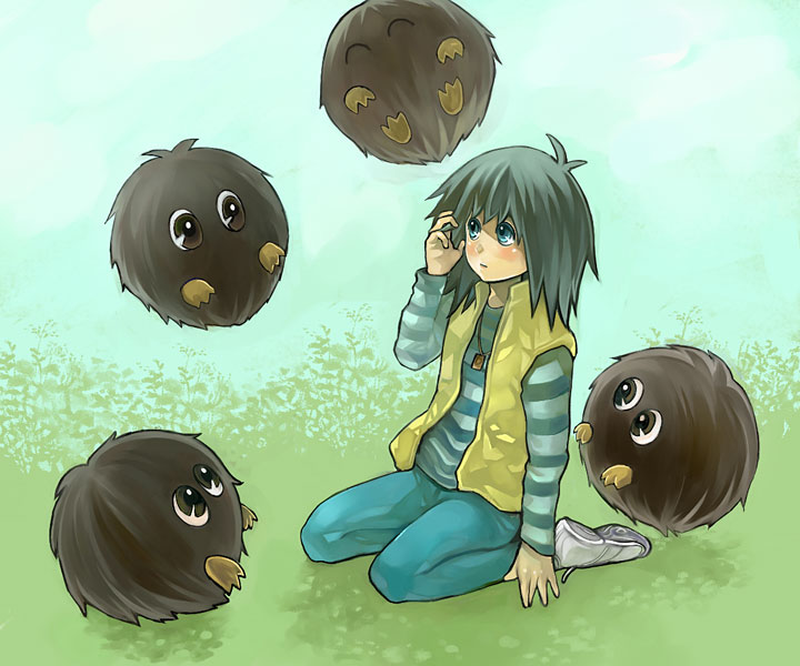 kaiba mokuba, kuriboh, yu-gi-oh!, yu-gi-oh! duel monsters, black hair, blue eyes, blush, duel monster, long hair, male focus, shirt, striped clothes, striped shirt, vest