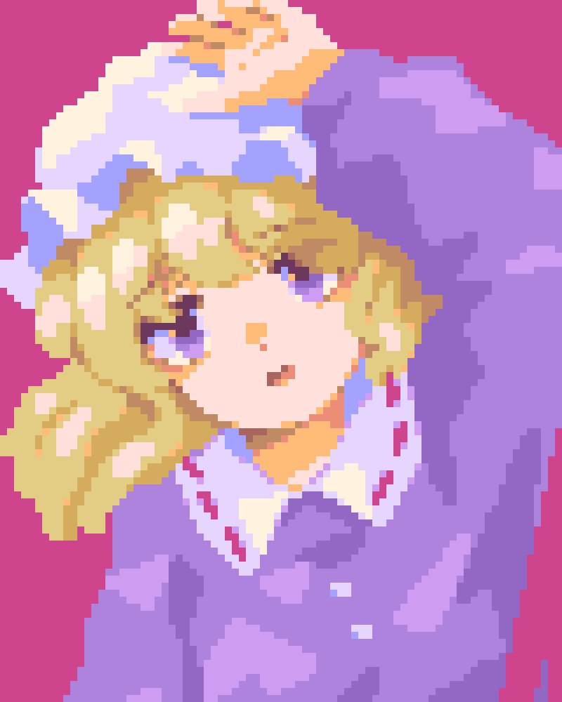 wasabisuke, maribel hearn, touhou, commentary request, 1girl, blonde hair, buttons, collared dress, dress, eyes visible through hair, hand on headwear, hat, head tilt, mob cap, open mouth, pink background, pixel art, purple dress, purple eyes, ribbon-trimmed collar, ribbon trim, simple background, upper body, white hat