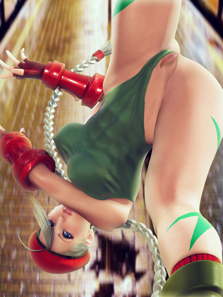 incise soul, m-rs, cammy white, capcom, street fighter, third-party edit, 1girl, 3d, abs, beret, between legs, blonde hair, blue eyes, braid, breasts, covered erect nipples, female focus, fingerless gloves, gloves, hat, large breasts, leotard, long hair, no panties, pussy, pussy slip, solo, tattoo, twin braids, uncensored, wardrobe malfunction
