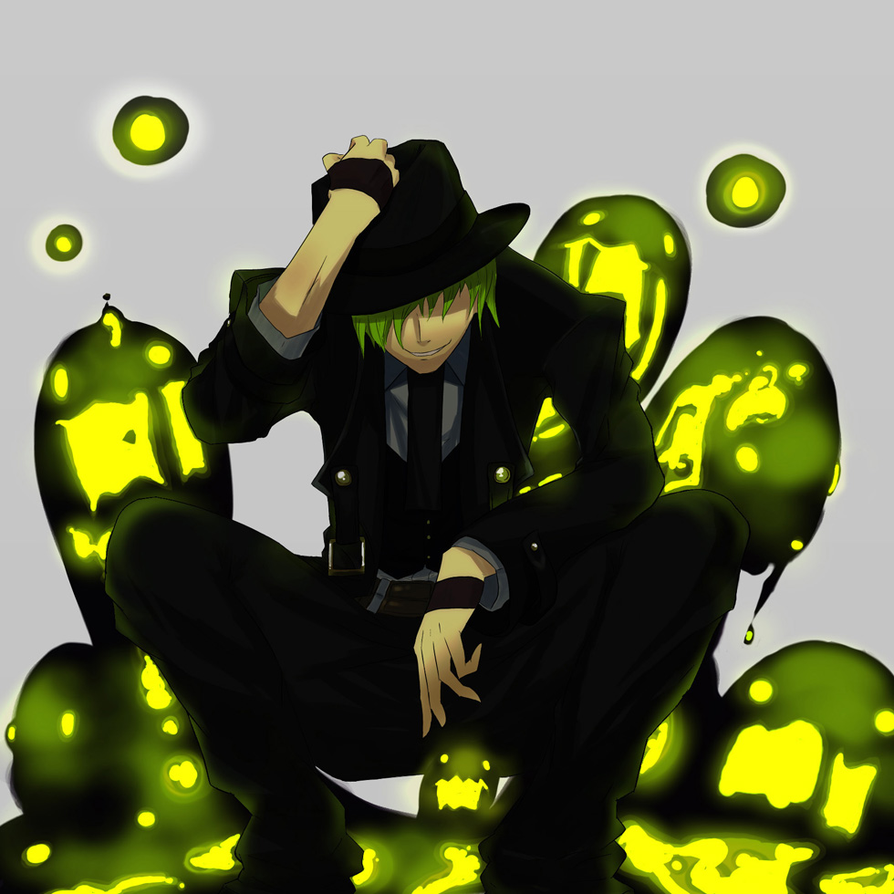 matsutake (nodamiki), hazama, arc system works, blazblue, 1boy, fedora, green hair, grey background, hat, male focus, solo