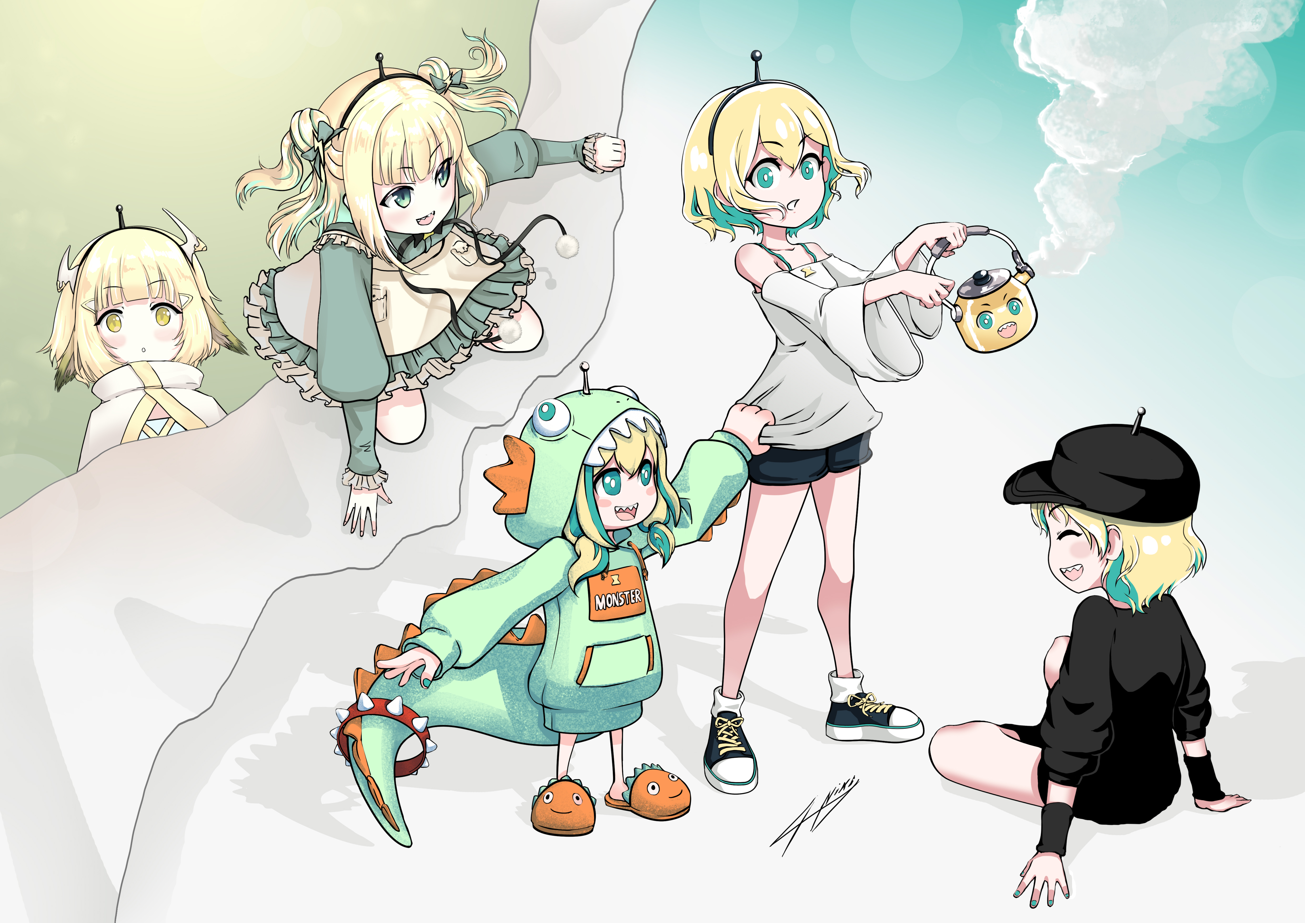 nkmiyahara, amano pikamee, amano pikamee (1st costume), amano pikamee (dinosaur hoodie), amano pikamee (isekai), amano pikamee (isekai monster), amano pikamee (voms black), voms, absurdres, commentary, highres, 5girls, :o, animal ears, black hairband, black hat, black shirt, black shoes, black shorts, blonde hair, blush stickers, climbing, clothes tug, dinosaur costume, dinosaur hood, dinosaur tail, double bun, drawstring, dress, from behind, green dress, green eyes, green hoodie, green nails, hair bun, hairband, hat, holding, holding kettle, hood, hood up, hoodie, kettle, kneeling, long sleeves, multiple girls, multiple persona, off-shoulder shirt, off shoulder, orange slippers, pulling another's clothes, shirt, shoes, shorts, signature, sitting, sleeves past wrists, slippers, sneakers, steam, tail, virtual youtuber, white shirt, wide sleeves, wristband, yellow eyes