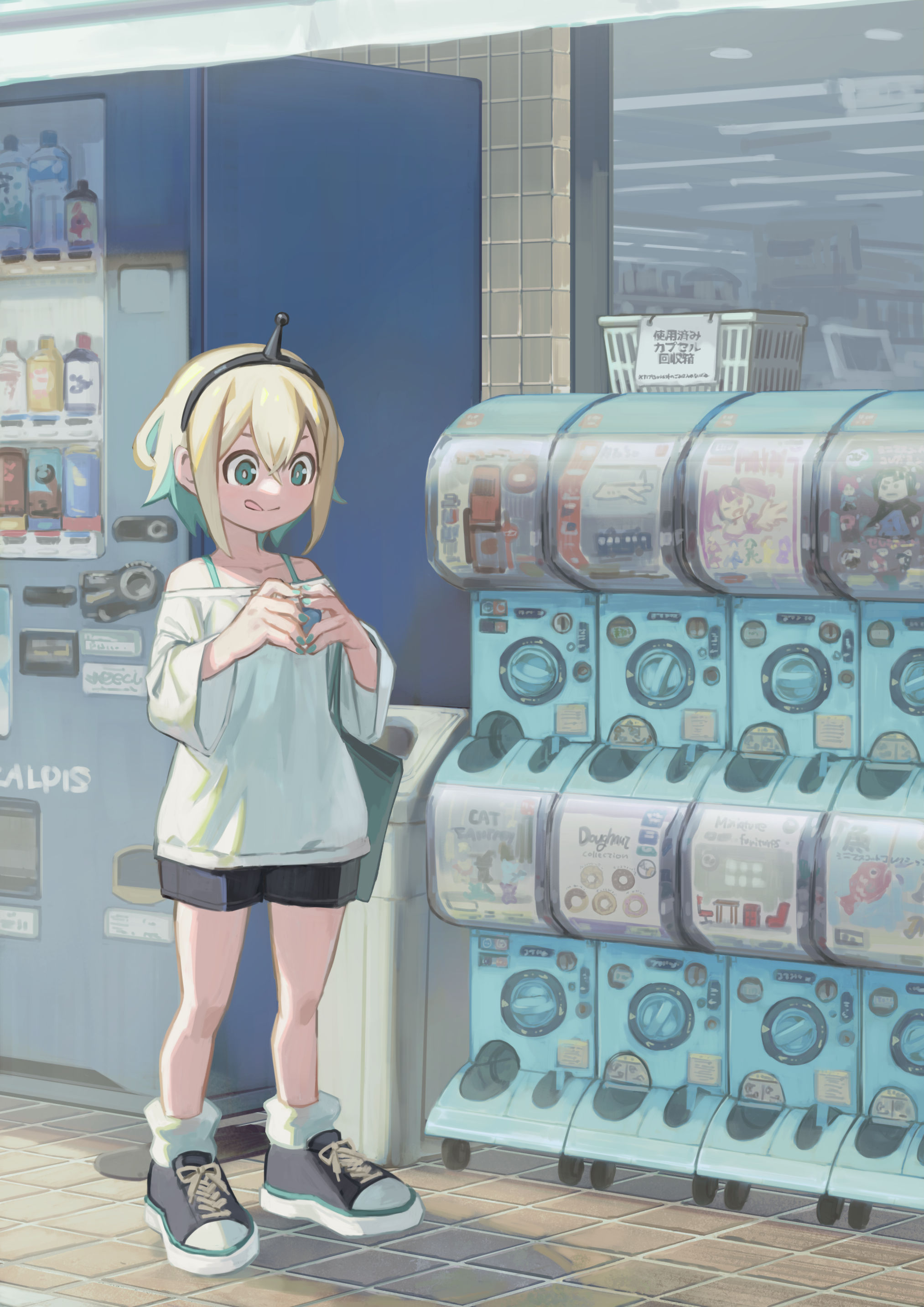 kyo mizusawa, amano pikamee, voms, absurdres, commentary, highres, 1girl, aqua eyes, aqua hair, basket, black shoes, black shorts, blonde hair, bright pupils, collared shirt, colored inner hair, convenience store, gashapon, licking lips, long sleeves, looking down, multicolored hair, off-shoulder shirt, off shoulder, outdoors, shirt, shoes, shop, short hair, shorts, socks, solo, standing, tongue, tongue out, v-shaped eyebrows, vending machine, virtual youtuber, white pupils, white shirt, white socks