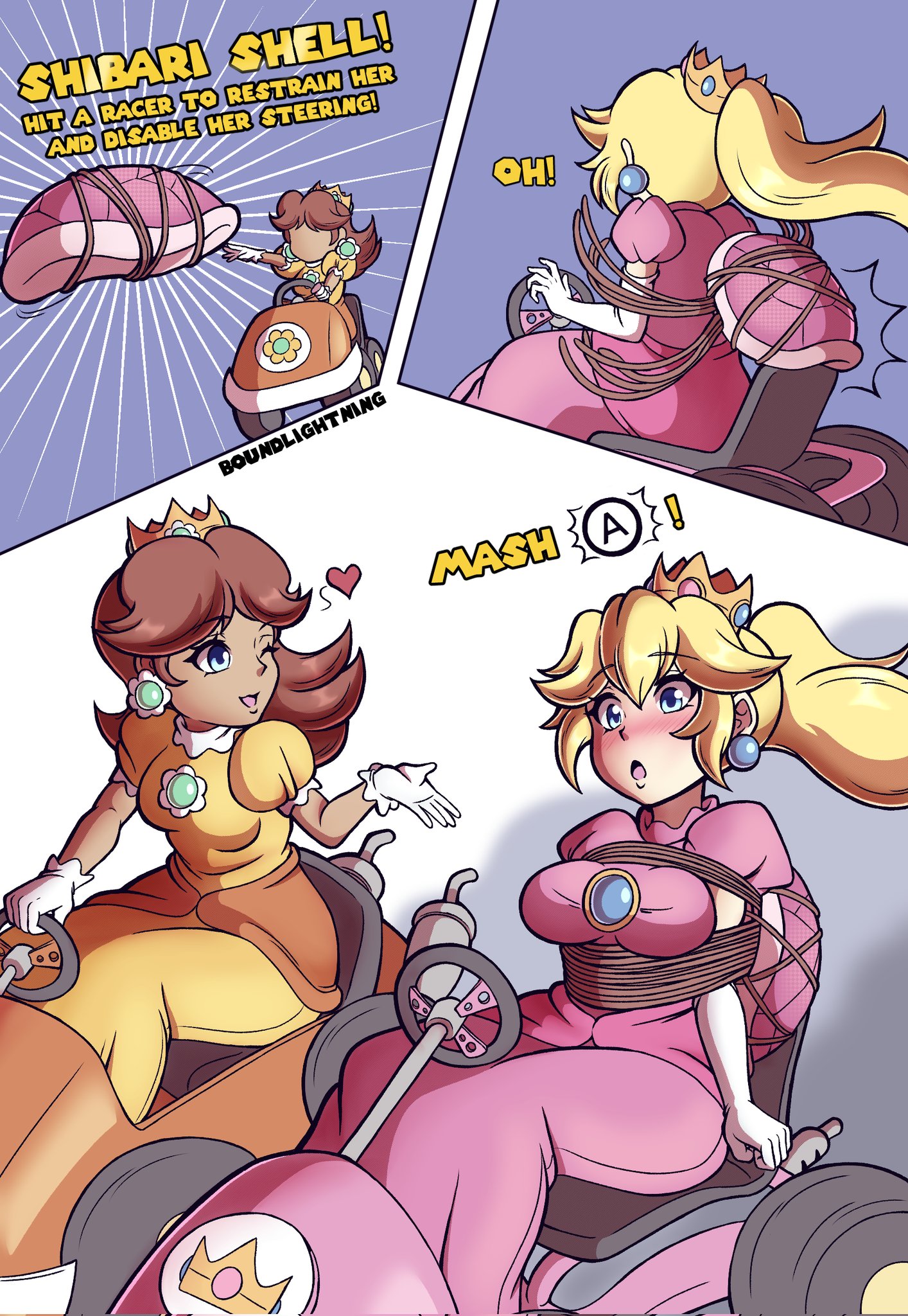 princess daisy, princess peach, mario (series), mario kart, nintendo, highres, 2girls, blonde hair, blowing kiss, blue eyes, blush, breasts, brown hair, crown, dress, earrings, flipped hair, flower earrings, gloves, grin, heart, jewelry, kart, koopa shell, looking at another, multiple girls, one eye closed, orange dress, pink dress, racing, restrained, rope, smile, spoken heart, tied up (nonsexual), tomboy, wink