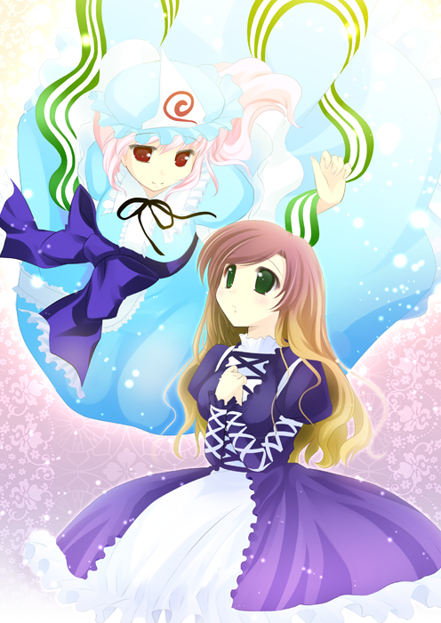 natsukawa sarasa, hijiri byakuren, saigyouji yuyuko, touhou, bad id, bad pixiv id, 2girls, blonde hair, dress, female focus, flying, frills, gradient hair, green eyes, hands on own chest, hat, japanese clothes, light particles, long hair, multicolored hair, multiple girls, own hands together, pink hair, red eyes, ribbon, short hair