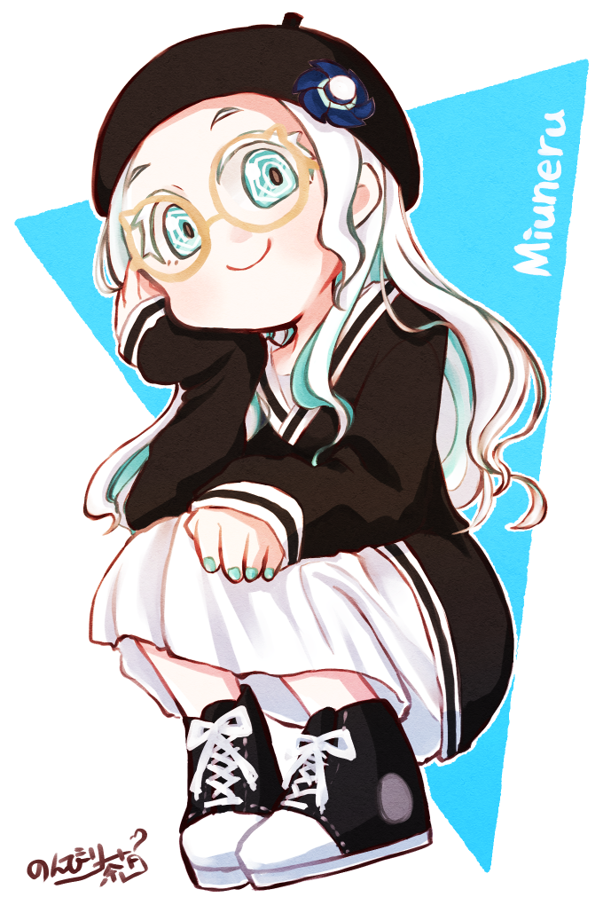 haneuzu miuneru, voms, commentary request, 1girl, aqua eyes, aqua hair, aqua nails, beret, black cardigan, black hat, black shoes, blue background, brown-framed eyewear, c:, cardigan, character name, dress, hand on own cheek, hand on own face, hat, long hair, long sleeves, looking at viewer, nonbiritya, round eyewear, shoes, simple background, sleeves past wrists, smile, solo, squatting, white background, white dress, white hair