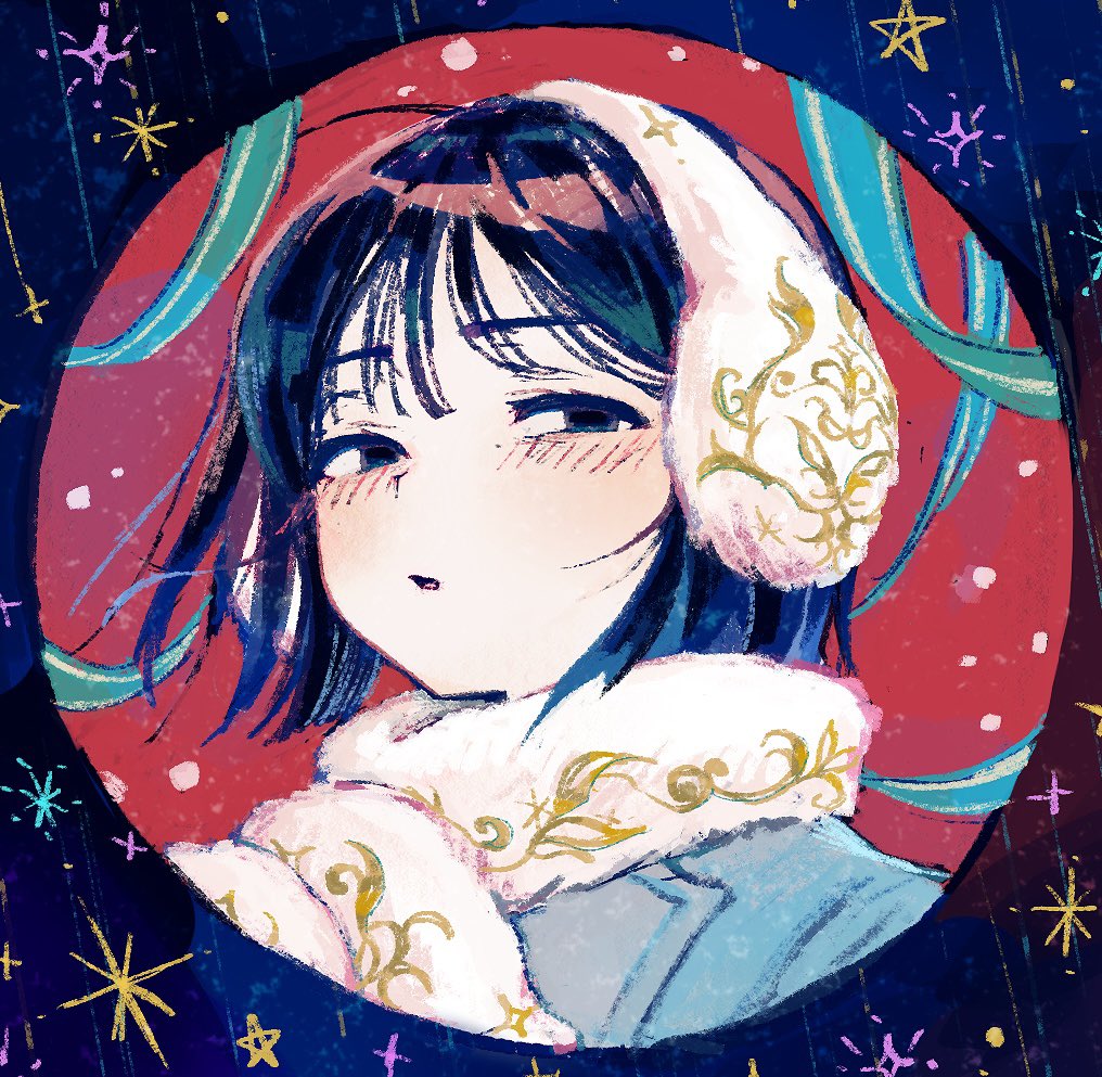 okubatomaeba, original, 1girl, black eyes, blue border, blue coat, blue hair, blush, border, choppy bangs, coat, ear cuffs, fur-trimmed coat, fur mittens, fur trim, looking at viewer, mittens, parted lips, portrait, short hair, solo, white mittens