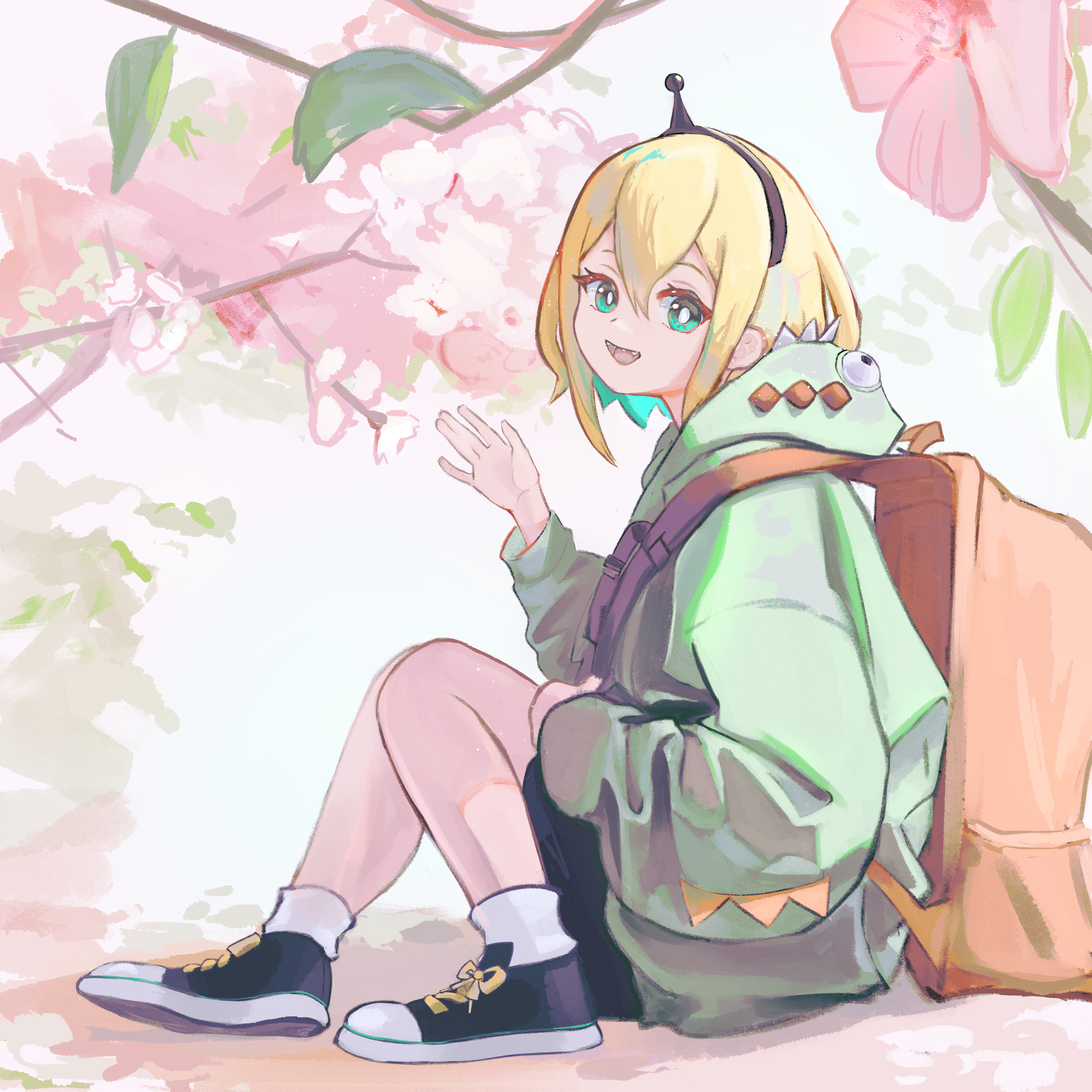 besi (besidoesart), amano pikamee, amano pikamee (dinosaur hoodie), voms, absurdres, commentary, english commentary, highres, 1girl, :d, antennae, aqua eyes, aqua hair, backpack, bag, black hairband, black shoes, black shorts, blonde hair, bright pupils, cherry blossoms, colored inner hair, from side, full body, green hoodie, hairband, hand up, hood, hood down, hoodie, long hair, multicolored hair, open mouth, orange bag, sharp teeth, shoes, short hair, shorts, sitting, smile, sneakers, solo, teeth, virtual graduation commemoration, virtual youtuber, waving, white pupils