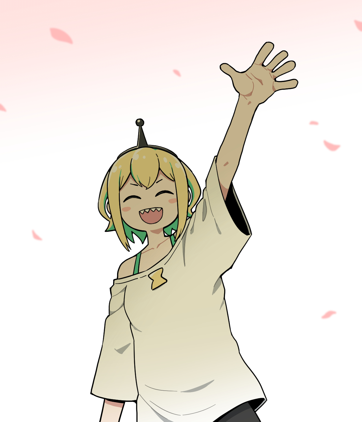 nutkingcall, amano pikamee, amano pikamee (1st costume), voms, commentary, english commentary, highres, 1girl, :d, antennae, aqua hair, arm up, black hairband, black shorts, blonde hair, blush stickers, colored inner hair, cowboy shot, hairband, multicolored hair, off-shoulder shirt, off shoulder, open mouth, petals, sharp teeth, shirt, short hair, shorts, smile, solo, teeth, virtual graduation commemoration, virtual youtuber, waving, white background