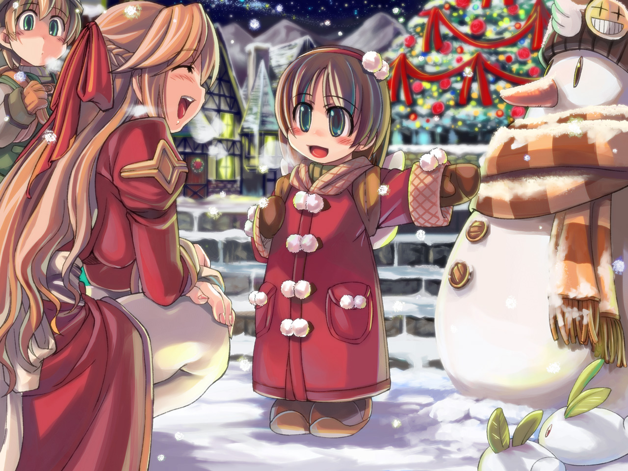 mil (xration), ragnarok online, lights, tagme, backpack, bag, blonde hair, blush, boats, brown hair, buttons, carrot, christmas, christmas tree, coat, gloves, green eyes, house, open mouth, randoseru, ribbon, scarf, smiley face, snow, snowman, star (symbol), wreath