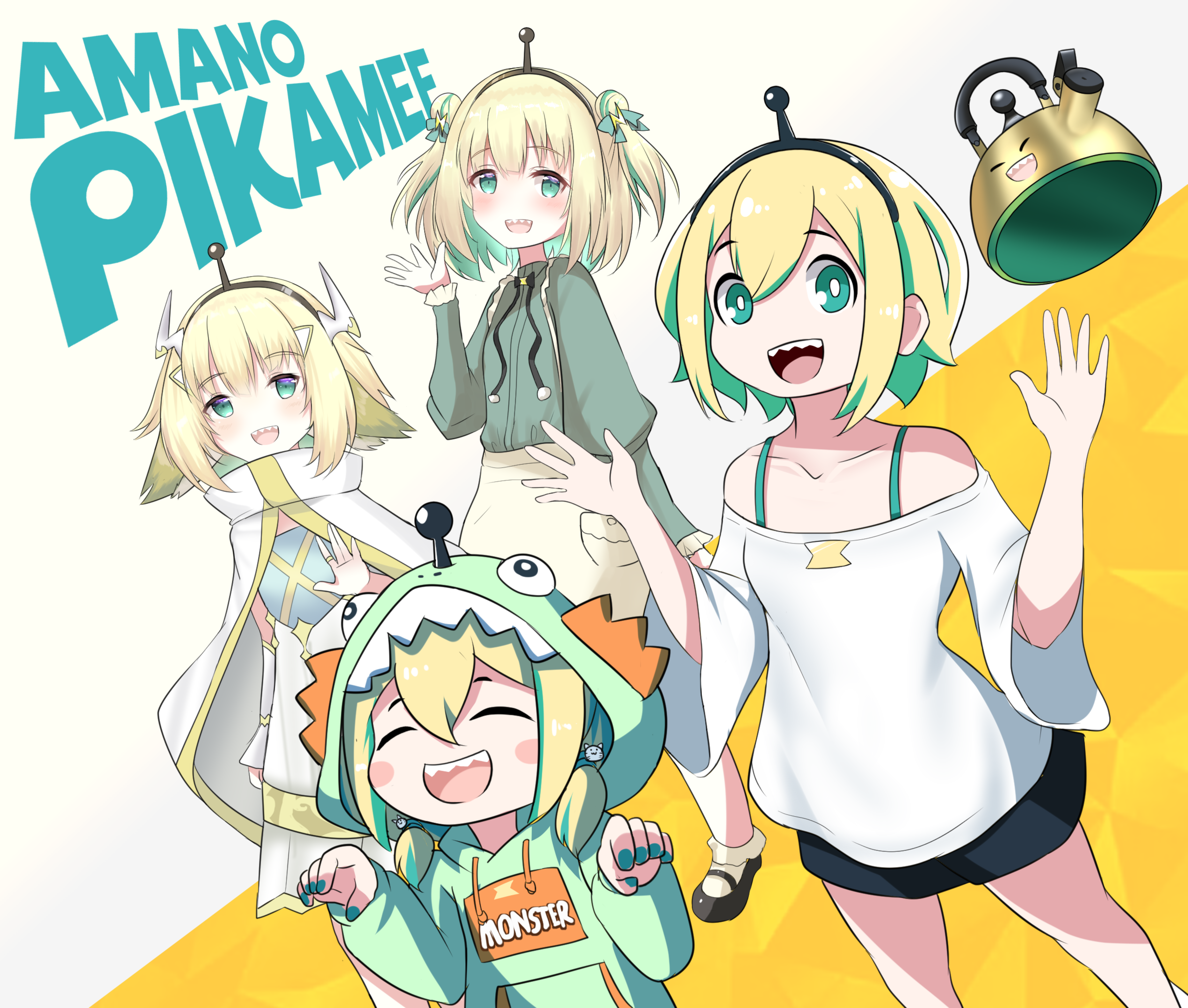 altronage, amano pikamee, amano pikamee (1st costume), amano pikamee (isekai monster), voms, absurdres, commentary, english commentary, highres, 4girls, :d, ^ ^, antennae, apron, aqua eyes, aqua hair, aqua nails, black hairband, black shorts, blonde hair, bright pupils, character name, claw pose, closed eyes, colored inner hair, dinosaur costume, double bun, drawstring, dress, green dress, green hoodie, hair bun, hairband, hands up, hood, hood up, hoodie, kettle, looking at viewer, multicolored hair, multiple girls, multiple persona, objectification, off-shoulder shirt, off shoulder, open mouth, sharp teeth, shirt, shoes, short hair, shorts, smile, sneakers, teeth, two-tone hair, virtual graduation commemoration, virtual youtuber, waist apron, waving, white apron, white pupils