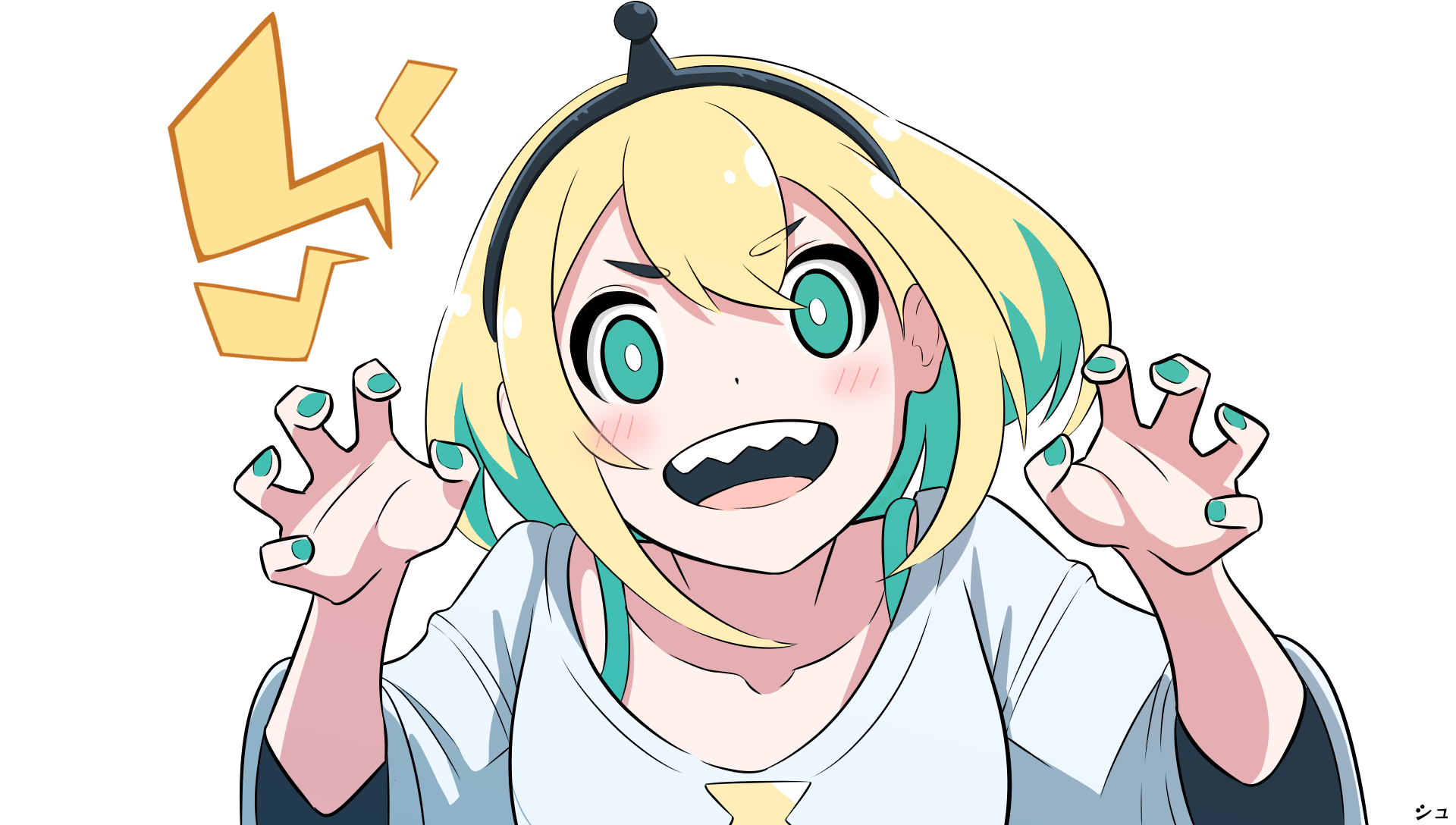 shudwho, amano pikamee, amano pikamee (1st costume), voms, commentary, english commentary, highres, 1girl, antennae, aqua eyes, aqua hair, aqua nails, black hairband, blonde hair, blush stickers, bright pupils, claw pose, colored inner hair, hairband, hands up, lightning bolt symbol, long sleeves, looking at viewer, multicolored hair, shirt, short hair, simple background, solo, upper body, v-shaped eyebrows, virtual graduation commemoration, virtual youtuber, white background, white pupils, white shirt