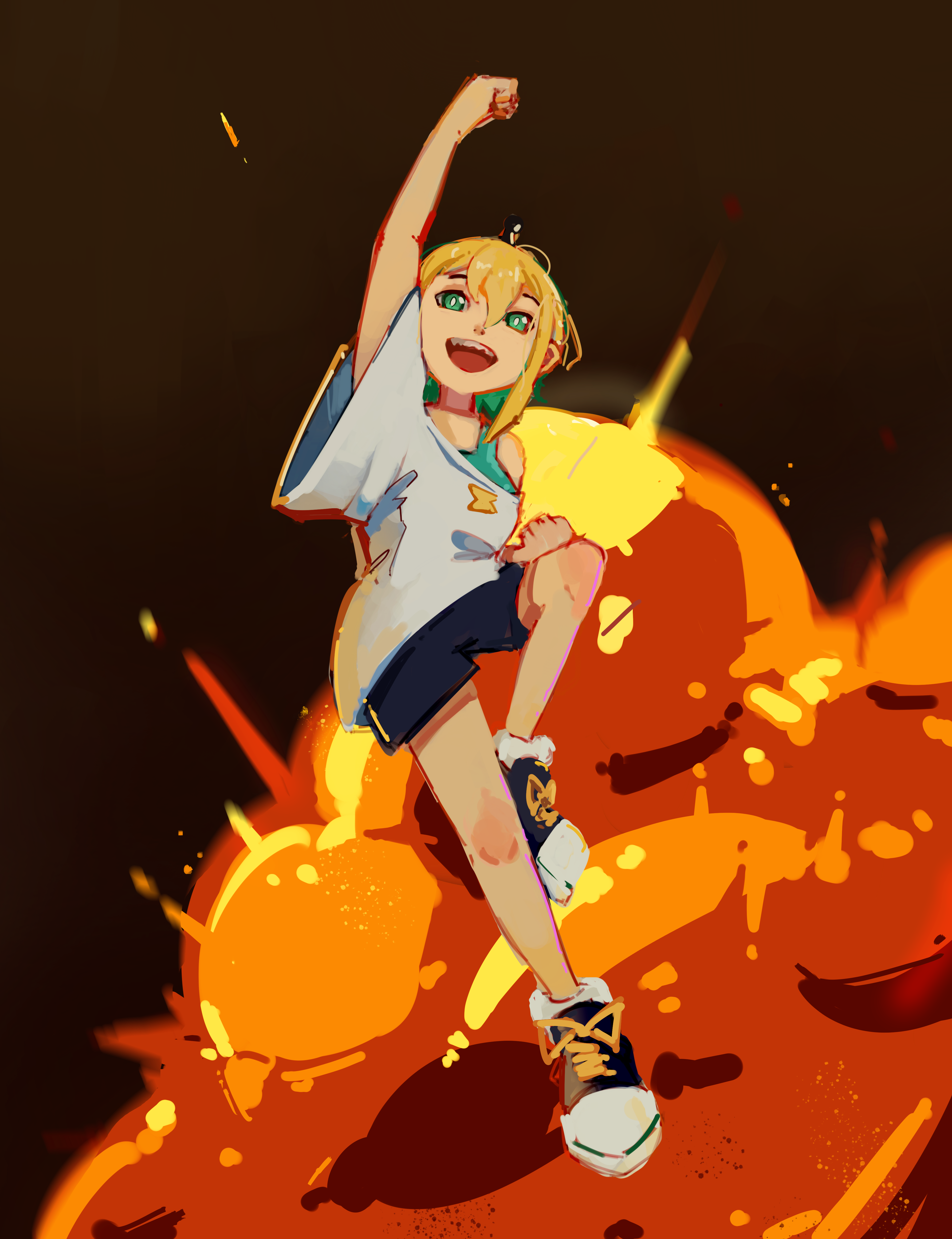 amano pikamee, amano pikamee (1st costume), voms, absurdres, commentary, english commentary, highres, 1girl, :d, antennae, aqua eyes, aqua hair, arm up, black hairband, black shoes, black shorts, blonde hair, bright pupils, brown background, clenched hands, colored inner hair, contrololon, explosion, explosion background, hairband, looking at viewer, multicolored hair, off-shoulder shirt, off shoulder, open mouth, shirt, shoes, short hair, shorts, smile, sneakers, solo, virtual graduation commemoration, virtual youtuber, white pupils, wide sleeves