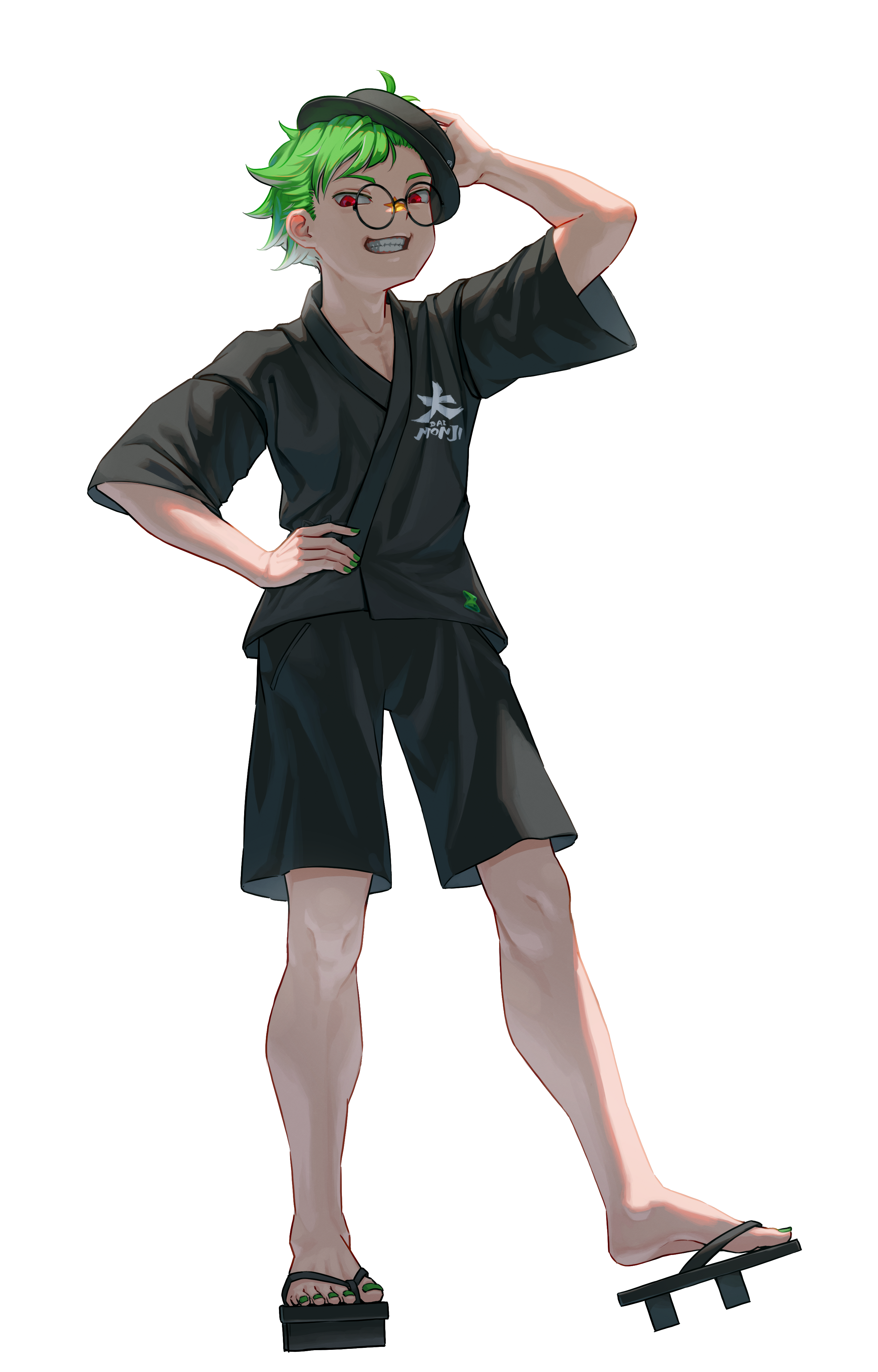 oxygenvil, daimonji ryugon, voms, absurdres, commentary request, highres, adjusting clothes, adjusting headwear, black-framed eyewear, black haori, black hat, black sandals, black shorts, clenched teeth, clothes writing, geta, glasses, green hair, green nails, grin, haori, hat, japanese clothes, looking at viewer, multicolored hair, red eyes, round eyewear, sandals, short hair, shorts, smile, teeth, tilted headwear, transparent background, two-tone hair, white hair