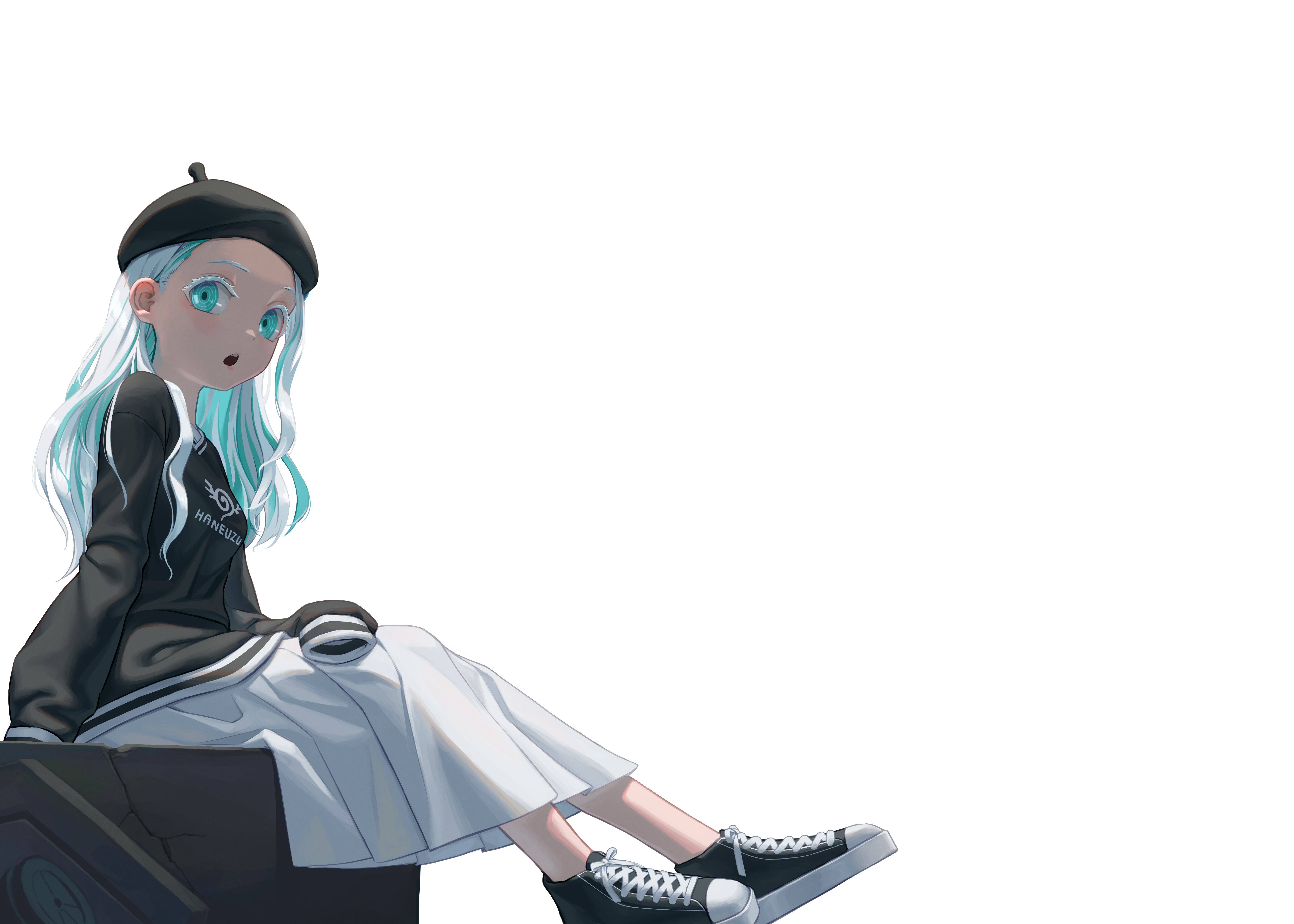 oxygenvil, haneuzu miuneru, absurdres, commentary request, highres, 1girl, :o, aqua eyes, arm support, beret, black hat, black shoes, black sweater, colored eyelashes, hat, long hair, long skirt, looking at viewer, shoes, sitting, skirt, sleeves past fingers, sleeves past wrists, sneakers, solo, sweater, transparent background, white hair, white skirt