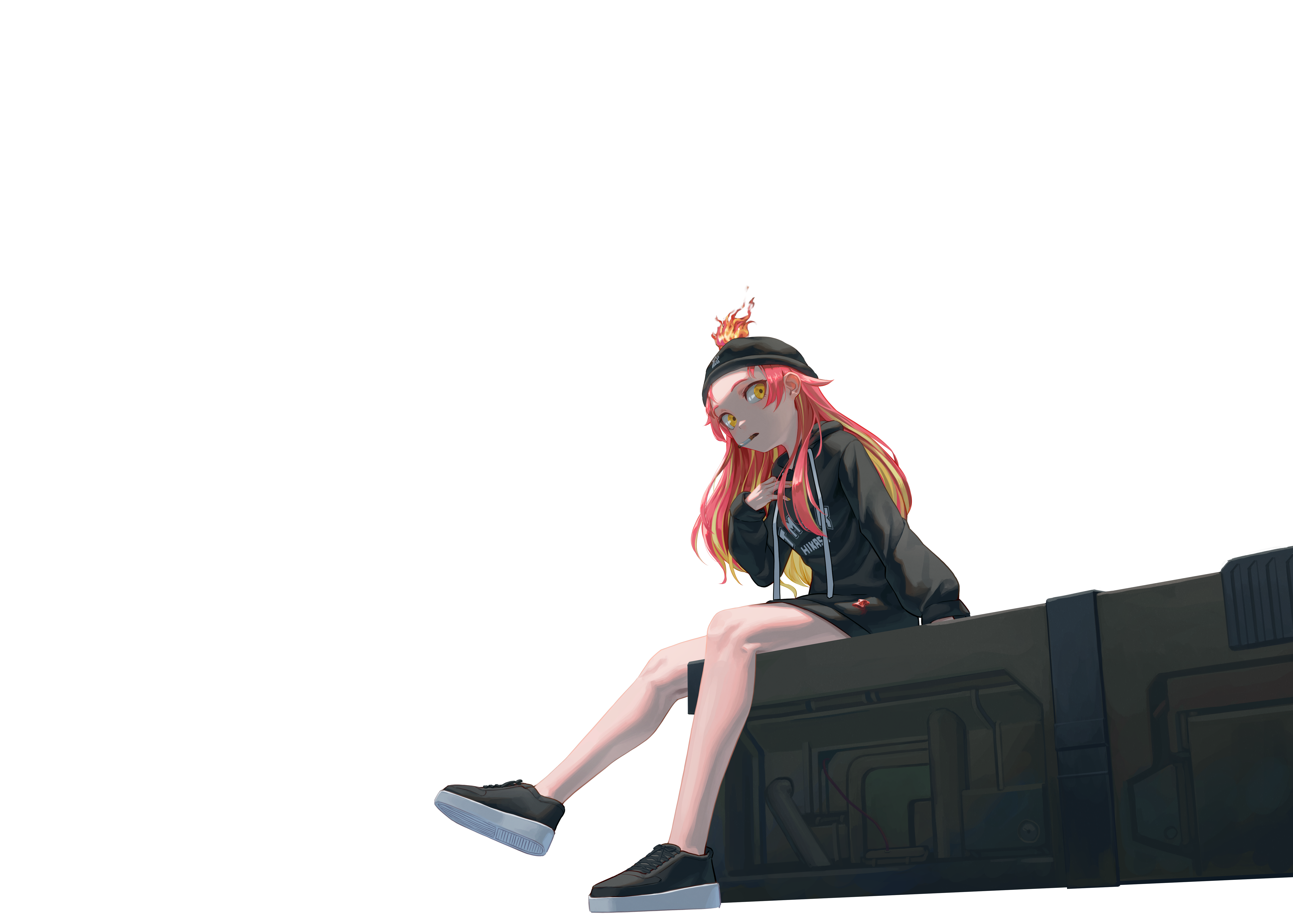 oxygenvil, hikasa tomoshika, voms, absurdres, commentary request, highres, 1girl, arm support, beanie, black hat, black hoodie, black shoes, blonde hair, cigarette, clothes writing, drawstring, fire, full body, hat, hood, hoodie, long hair, long sleeves, looking at viewer, red hair, shoes, sitting, sneakers, solo, thighs, yellow eyes