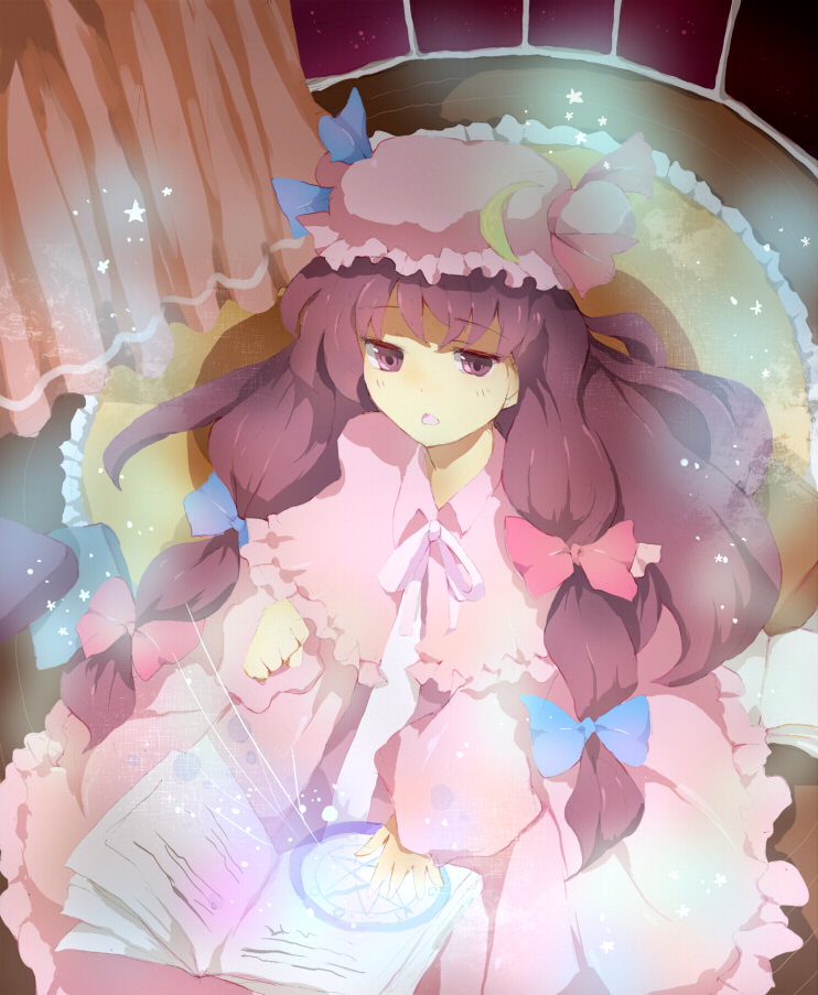 konoka, patchouli knowledge, touhou, bad id, bad pixiv id, 1girl, book, bow, female focus, hair ribbon, hat, long hair, magic, pink bow, purple hair, ribbon, solo