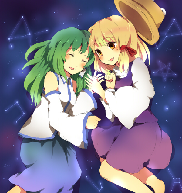 konoka, kochiya sanae, moriya suwako, touhou, bad id, bad pixiv id, 2girls, aries (constellation), cancer (constellation), constellation, female focus, hair tubes, libra (constellation), multiple girls, single hair tube, sky, star (sky), starry sky, starry sky background