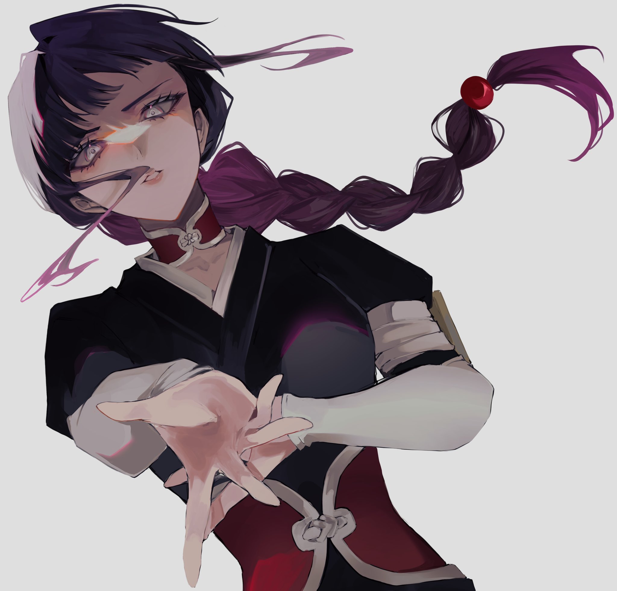 ui 1231, kurotsuchi nemu, bleach, highres, 1girl, 2024, badge, braid, braided ponytail, breasts, choker, collarbone, corset, female focus, fukutaichou badge, large breasts, long hair, looking at viewer, purple hair, simple background, upper body