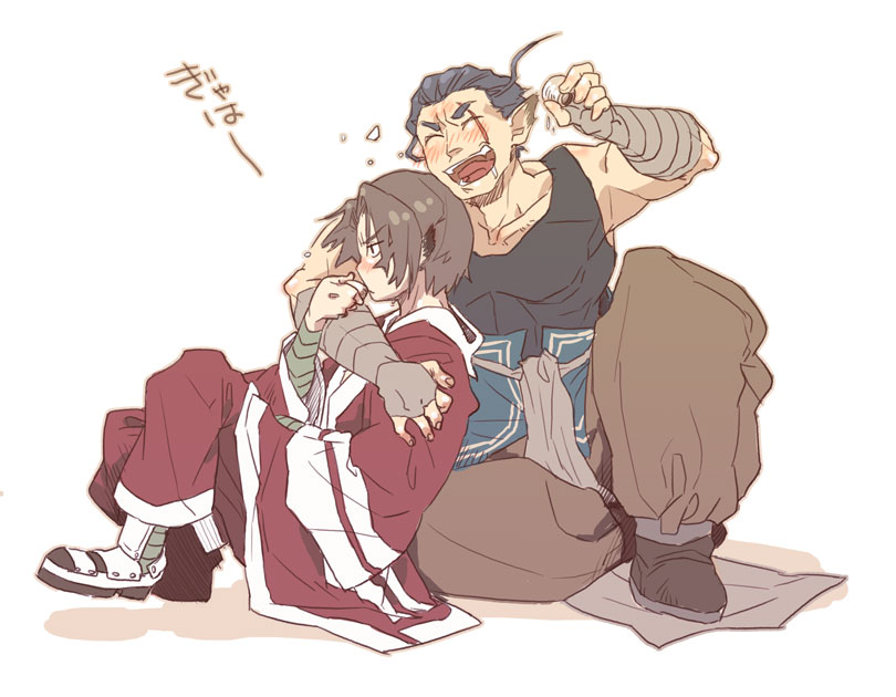 tokiwa tsuneba, benawi, kurou (utawarerumono), utawarerumono, 00s, 2boys, alcohol, animal ears, armor, astsm, drunk, male focus, multiple boys, sake