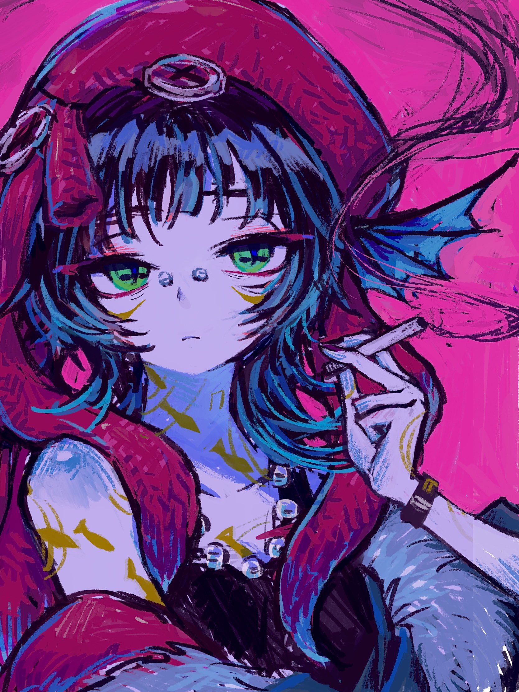 okubatomaeba, original, commentary request, highres, 1girl, black dress, blue hair, body markings, cigarette, closed mouth, cross-shaped pupils, dress, face piercing, green eyes, hand up, hat, holding, holding cigarette, jewelry, looking at viewer, medium hair, necklace, nose piercing, pearl necklace, piercing, pink background, pink hat, simple background, smoke, smoke trail, smoking, solo, symbol-shaped pupils, upper body, wispy bangs