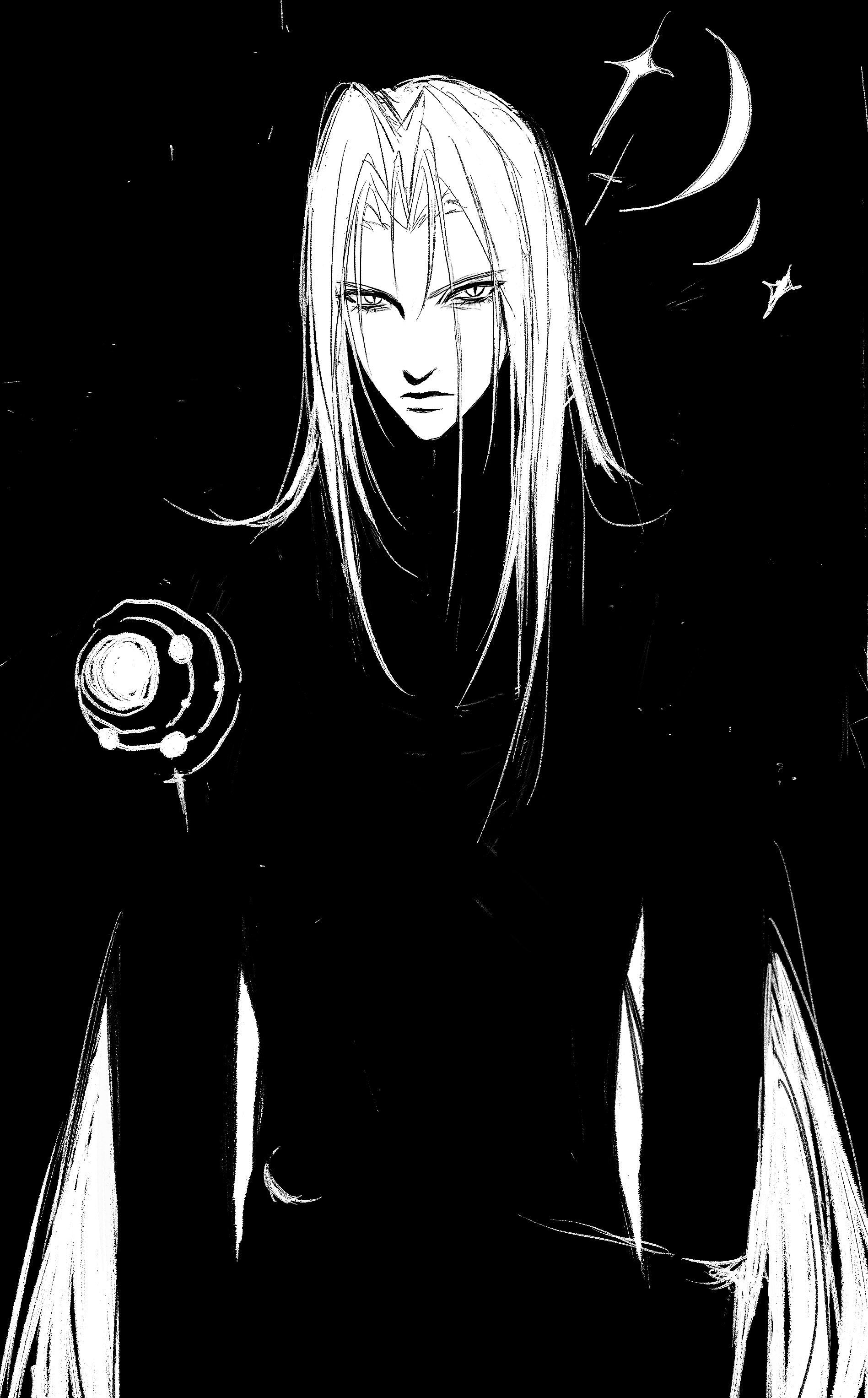 3 3lecho, sephiroth, final fantasy, final fantasy vii, final fantasy vii remake, absurdres, commentary, highres, 1boy, crescent moon, hair intakes, long bangs, long hair, looking at viewer, male focus, monochrome, moon, parted bangs, serious, slit pupils, solo, sparkle, surreal, upper body, very long hair